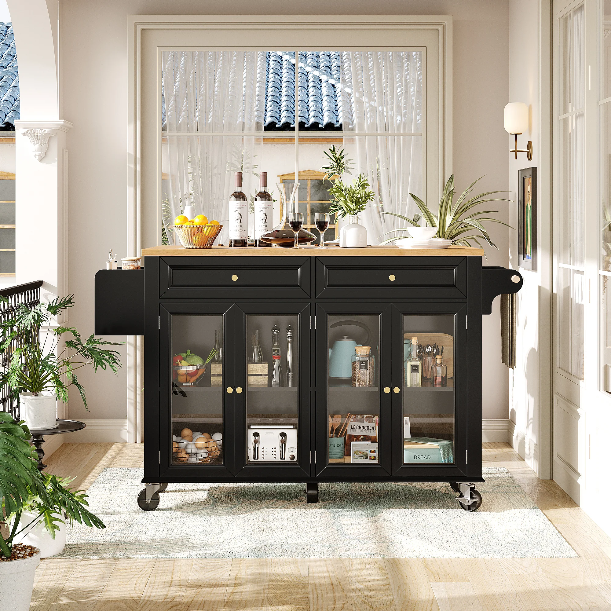 Kitchen Island Serving Trolley Mobile with Wheels Glass Doors Storage Black - Image 8