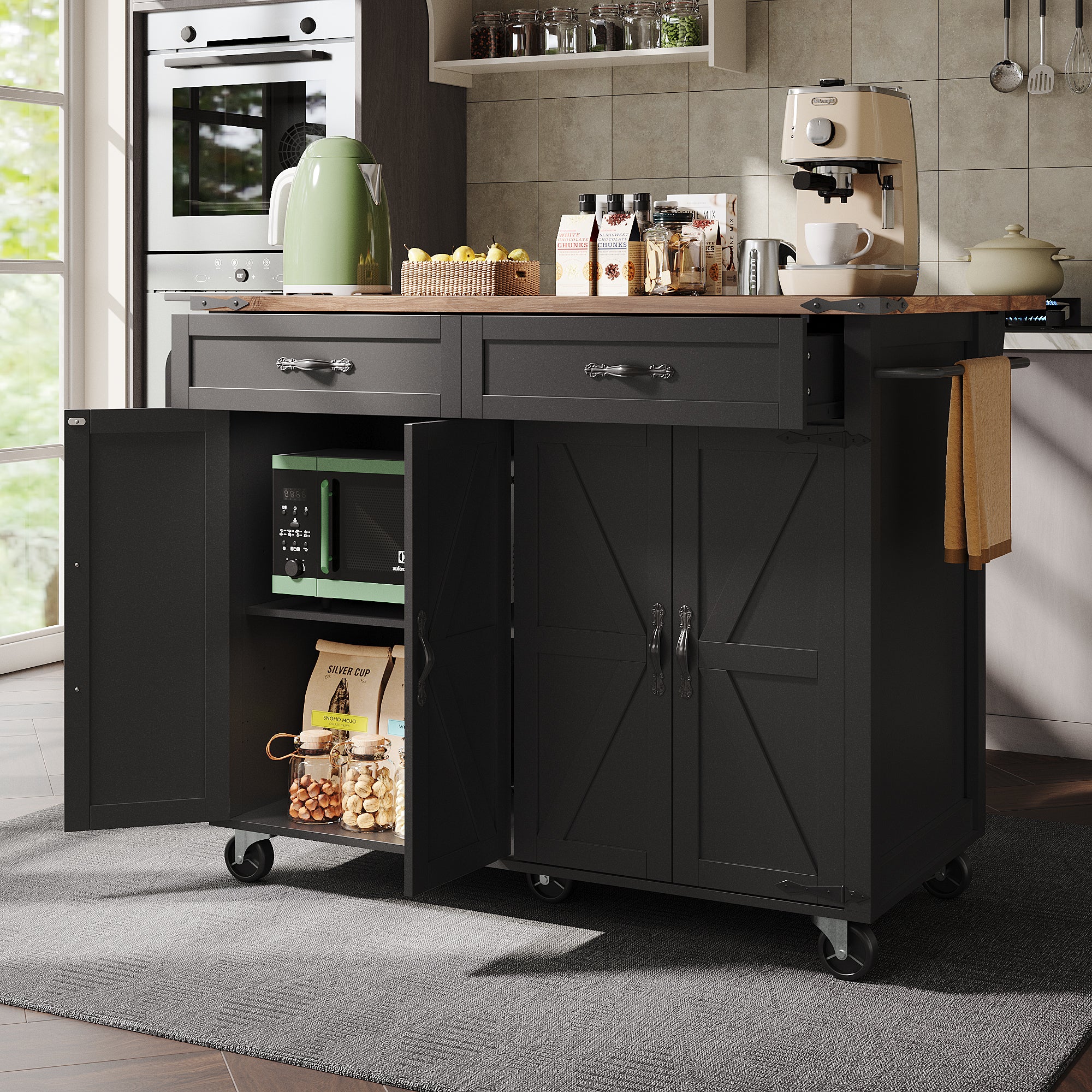 Kitchen Island Serving Trolley with Pull-out Worktop 4 Doors 2 Drawers Wood Grain Finish Black - Image 3