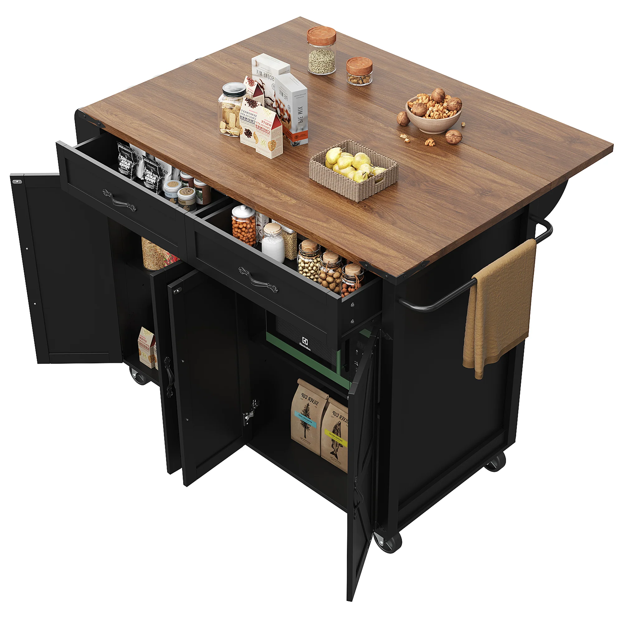 Kitchen Island Serving Trolley with Pull-out Worktop 4 Doors 2 Drawers Wood Grain Finish Black - Image 4