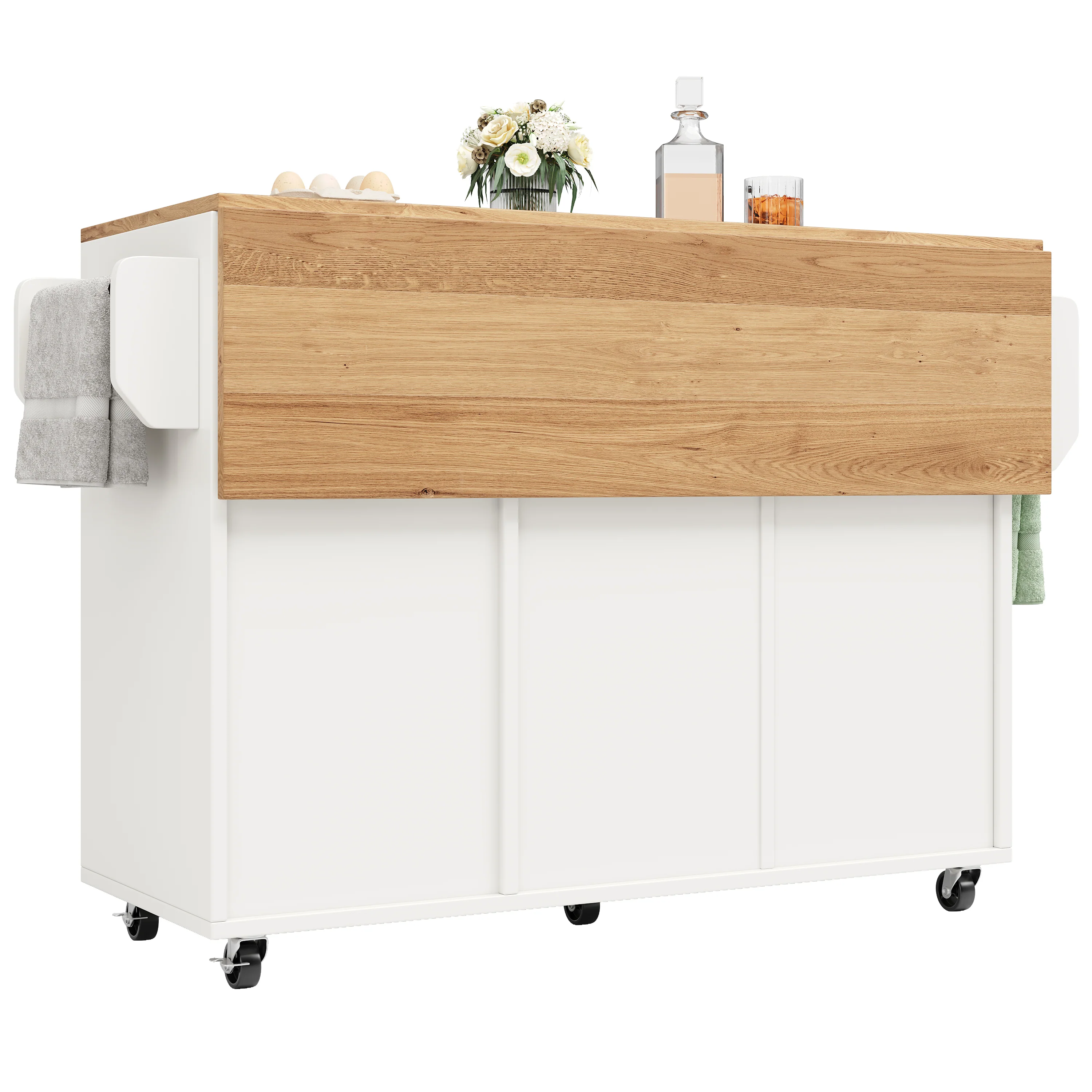 Kitchen Island Sideboard Multifunctional Dining Table Storage Wood Grain - White - Image 3