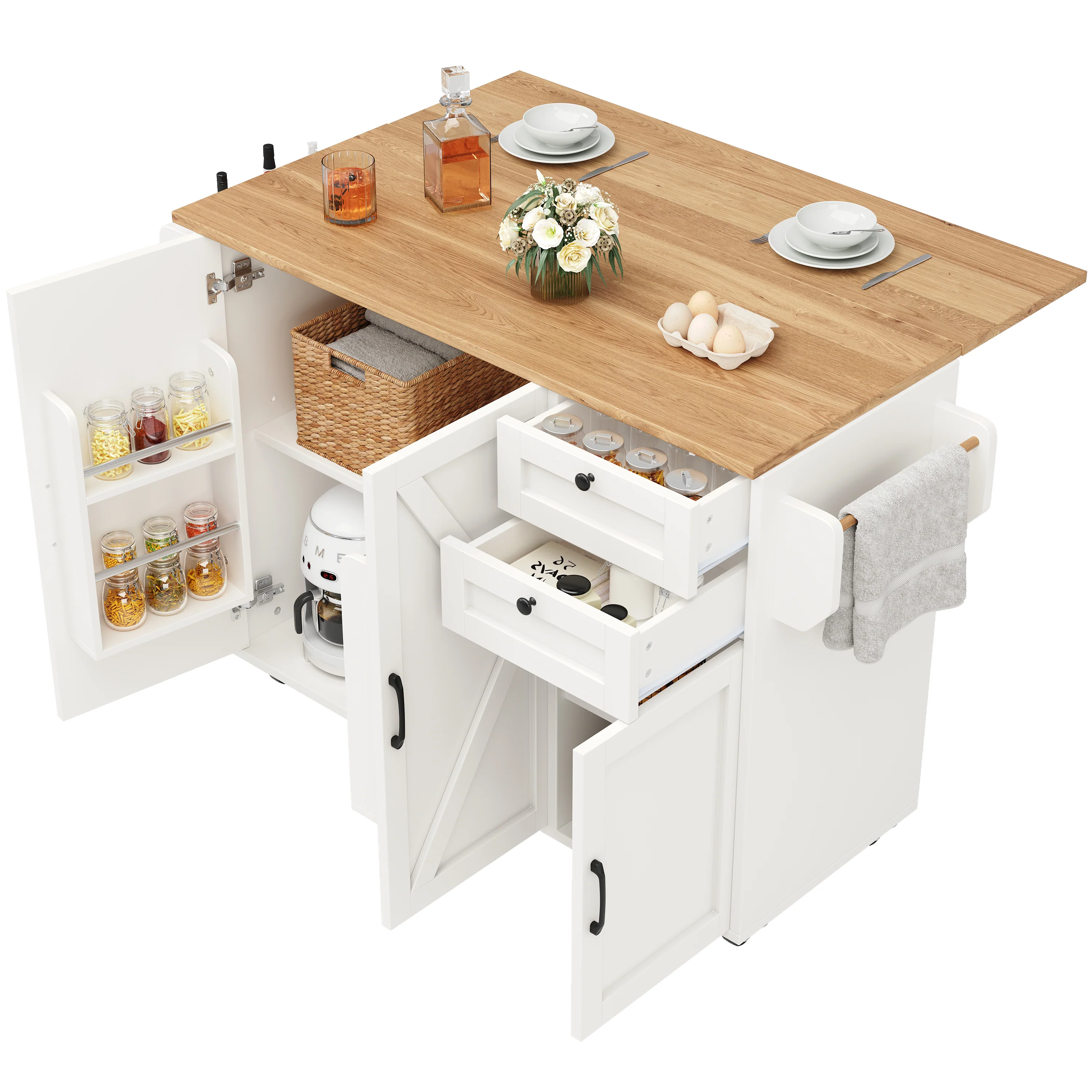 Kitchen Island Sideboard Multifunctional Dining Table Storage Wood Grain - White - Image 5