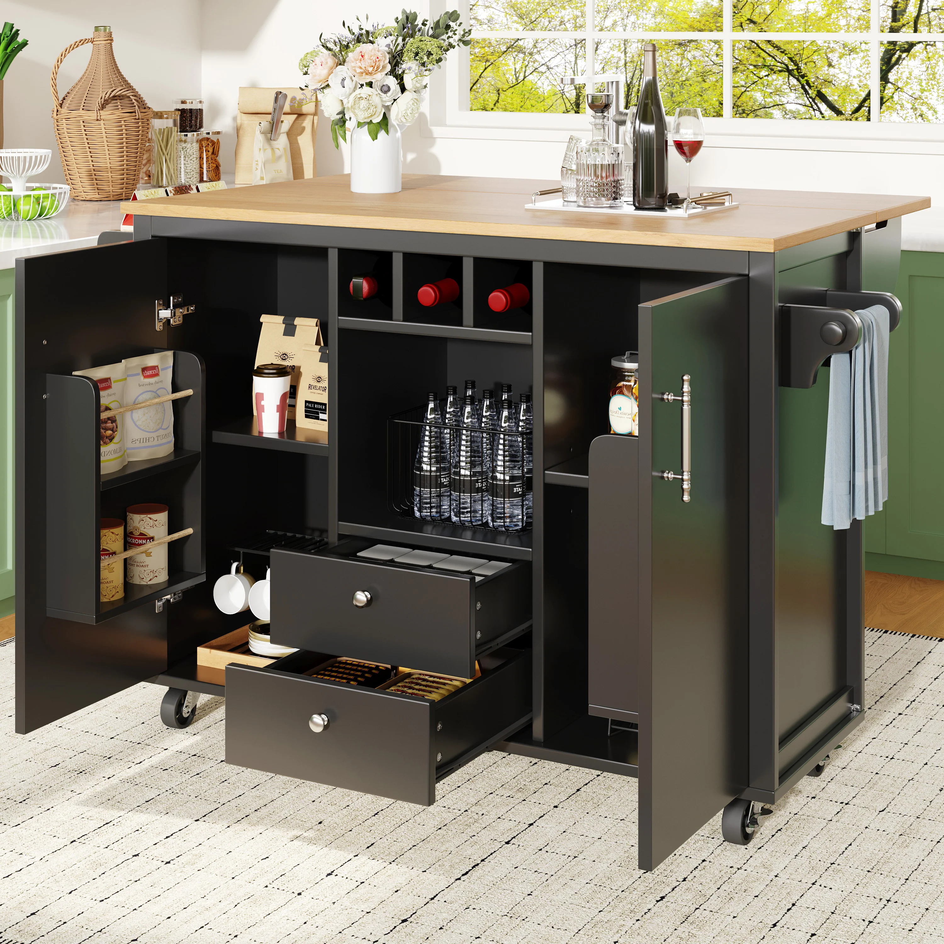 Kitchen Island Trolley 120cm Folding Worktop Wine Rack Adjustable Shelves - White/Black