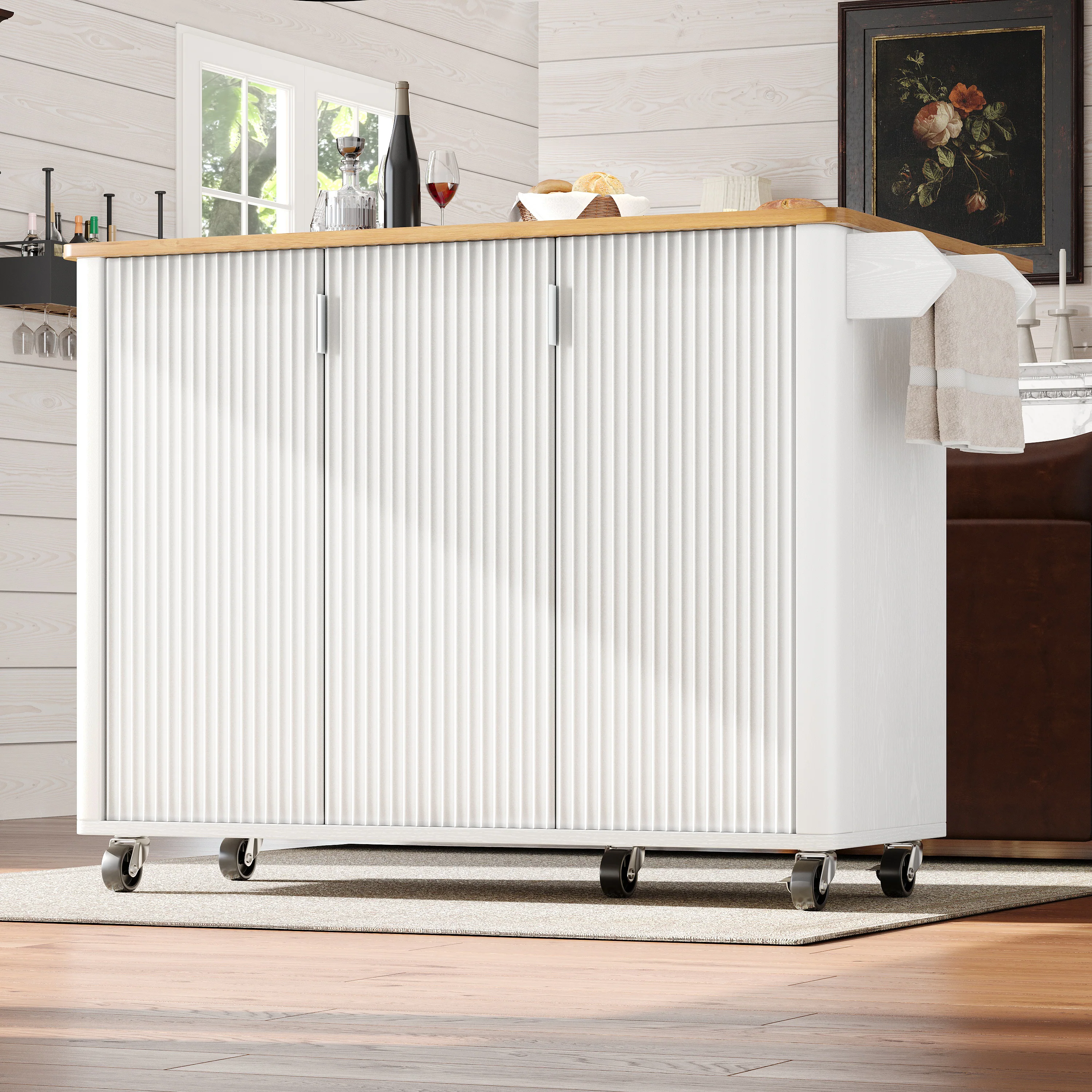 Kitchen Island Trolley Extendable on Wheels Buffet Storage Adjustable Dividers 3 Doors White/Black - Image 4