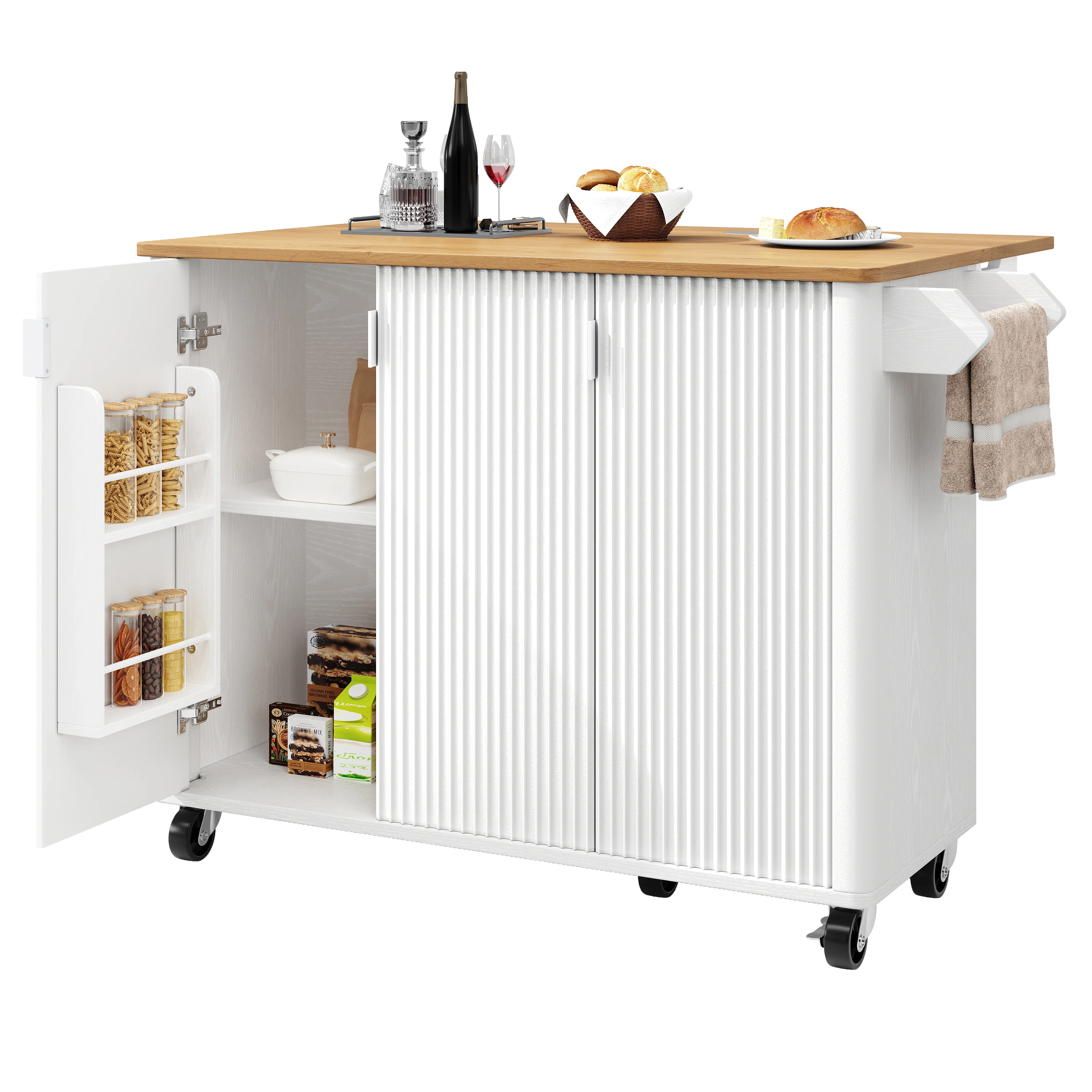 Kitchen Island Trolley Extendable on Wheels Buffet Storage Adjustable Dividers 3 Doors White/Black - Image 6