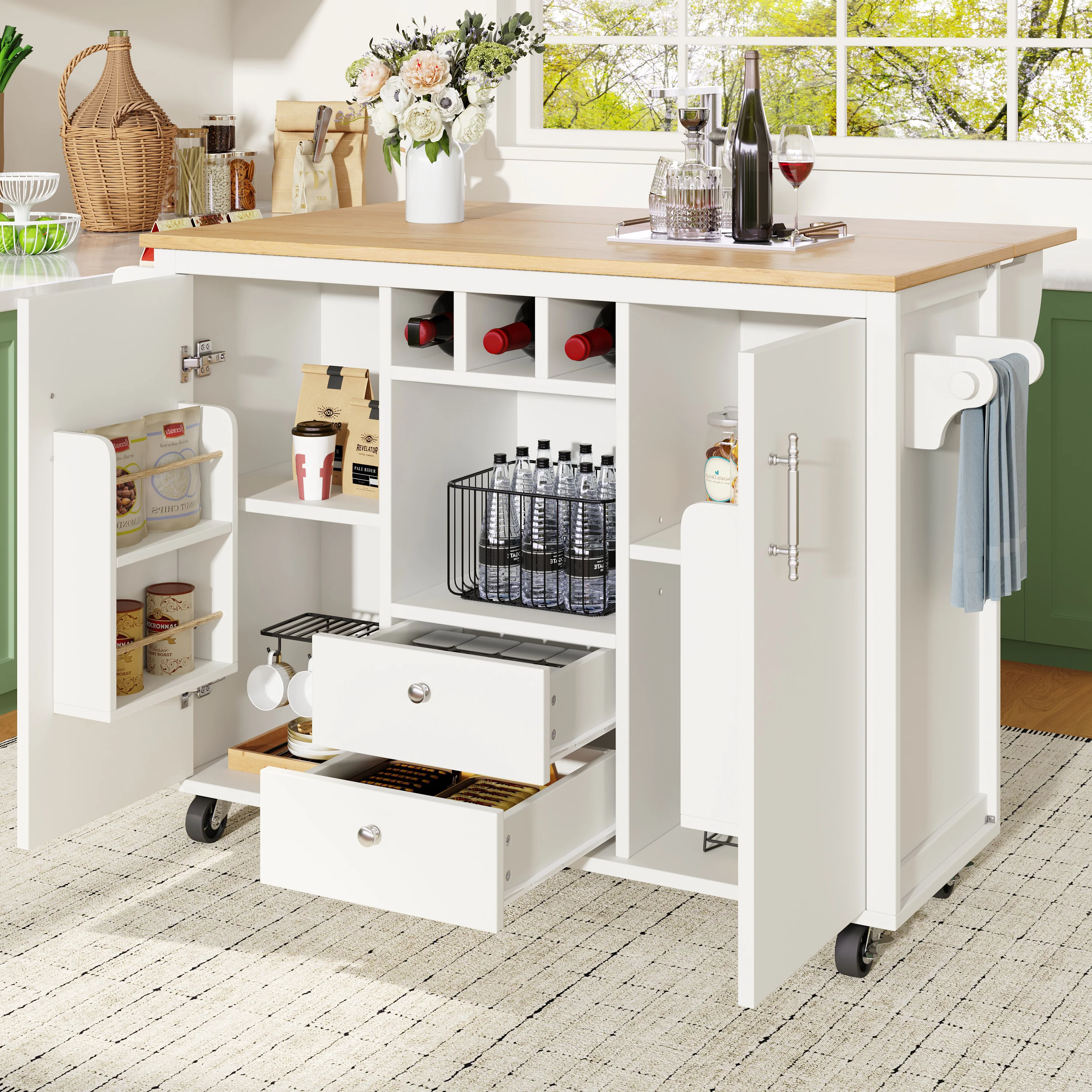 Kitchen Island Trolley with Fold-Down Worktop Storage & Adjustable Shelves - White/Black - Image 2