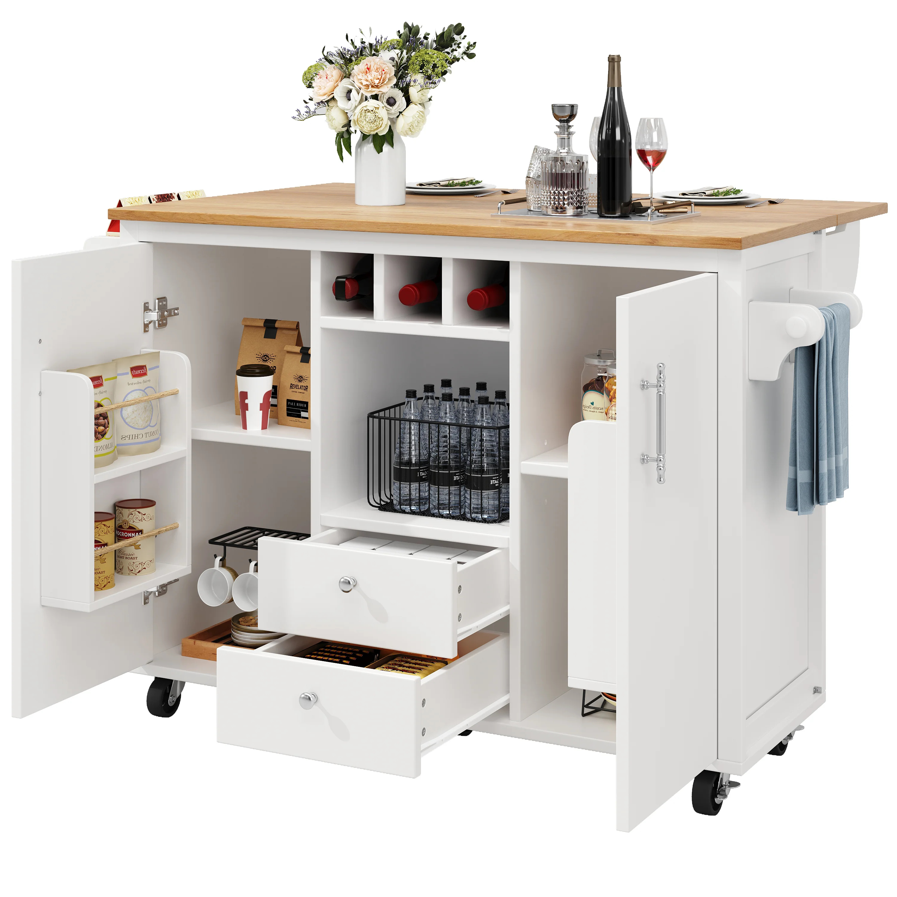 Kitchen Island Trolley with Fold-Down Worktop Storage & Adjustable Shelves - White/Black - Image 5
