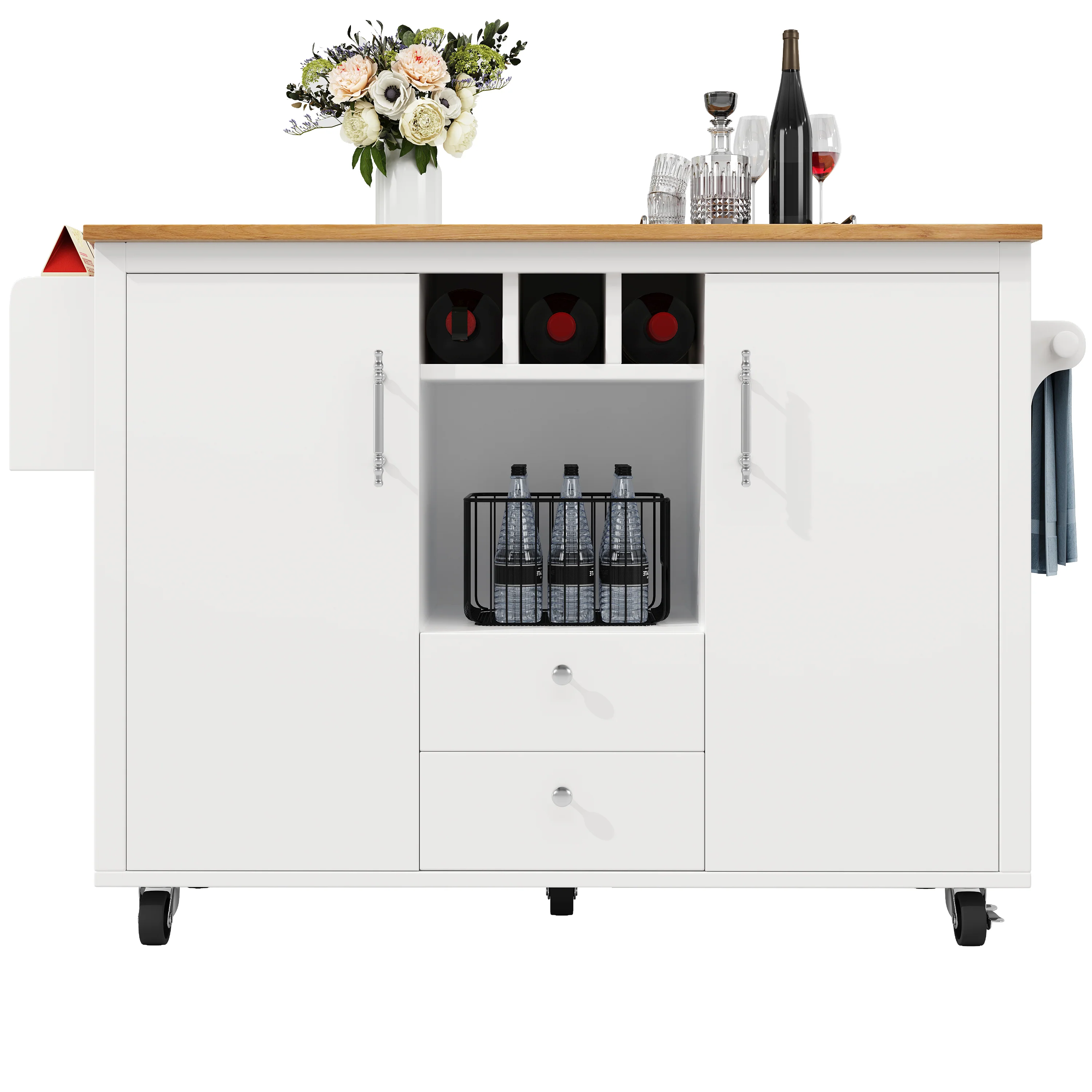 Kitchen Island Trolley with Fold-Down Worktop Storage & Adjustable Shelves - White/Black - Image 6