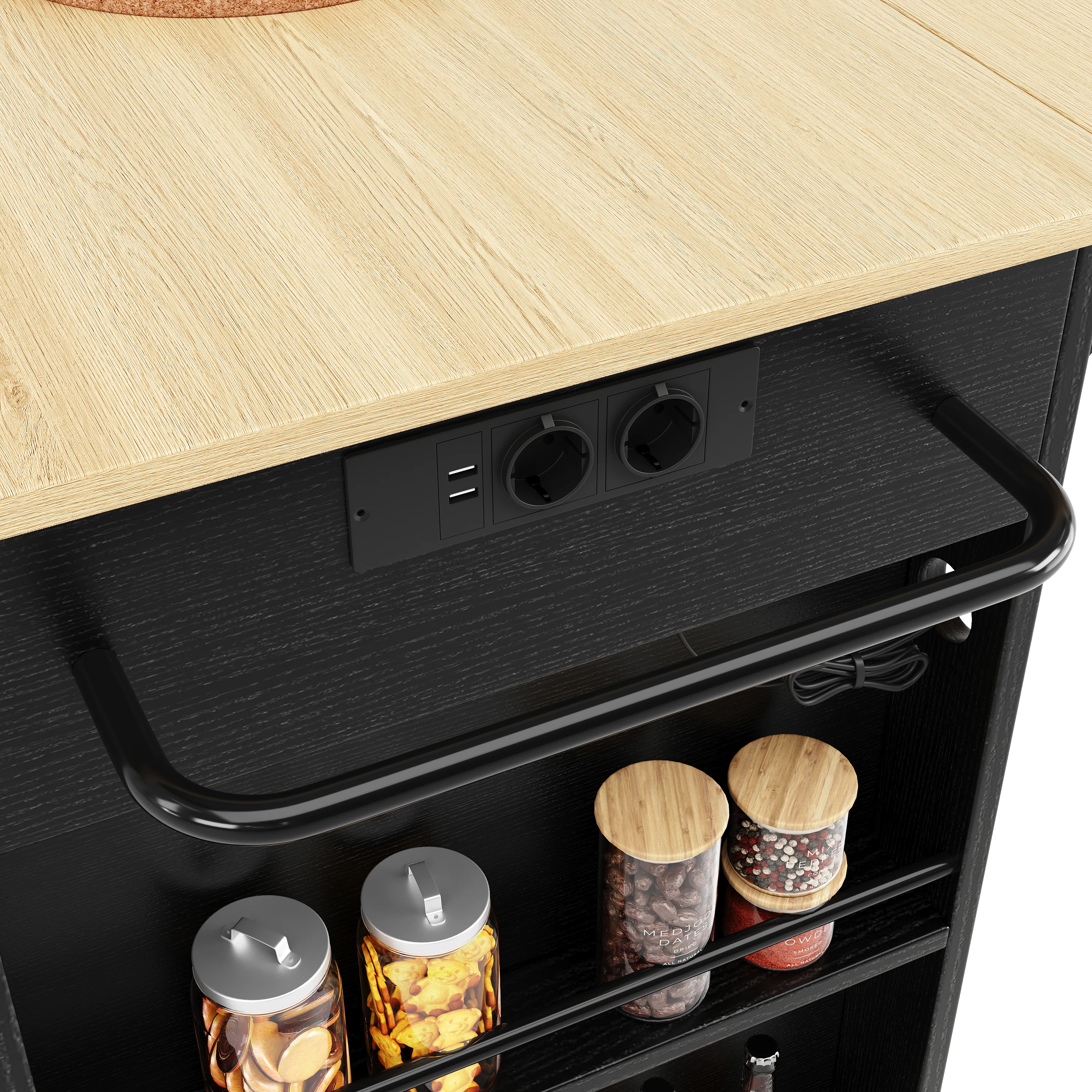 Kitchen Island Trolley Worktop Power Strip Wood Grain Storage - Black - Image 10