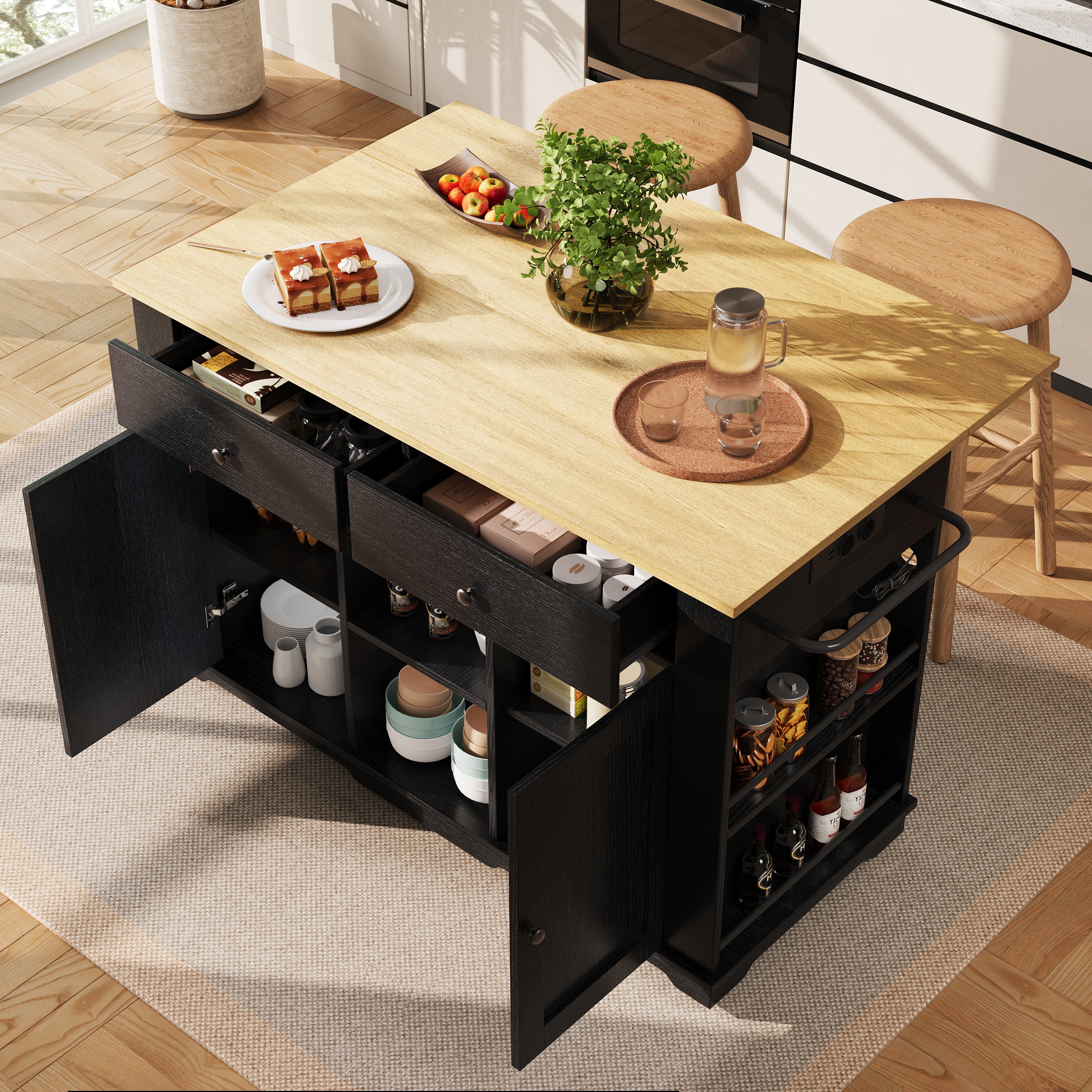 Kitchen Island Trolley Worktop Power Strip Wood Grain Storage - Black - Image 2