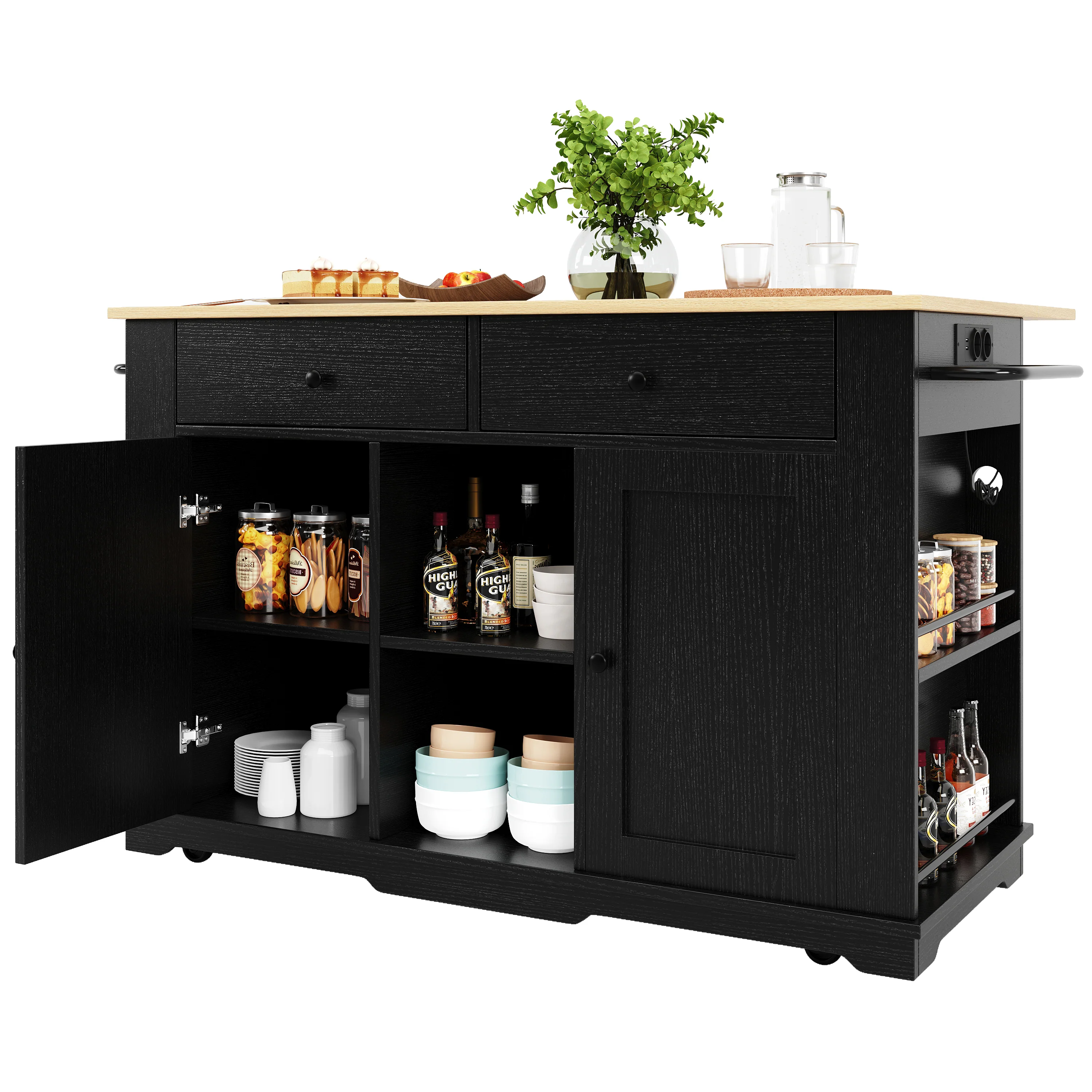 Kitchen Island Trolley Worktop Power Strip Wood Grain Storage - Black - Image 5