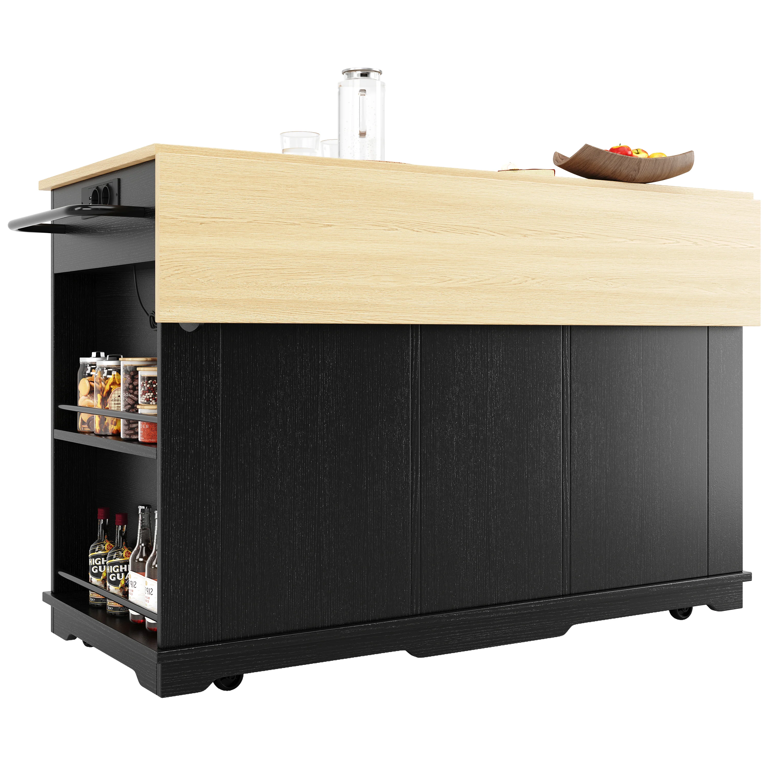 Kitchen Island Trolley Worktop Power Strip Wood Grain Storage - Black - Image 8