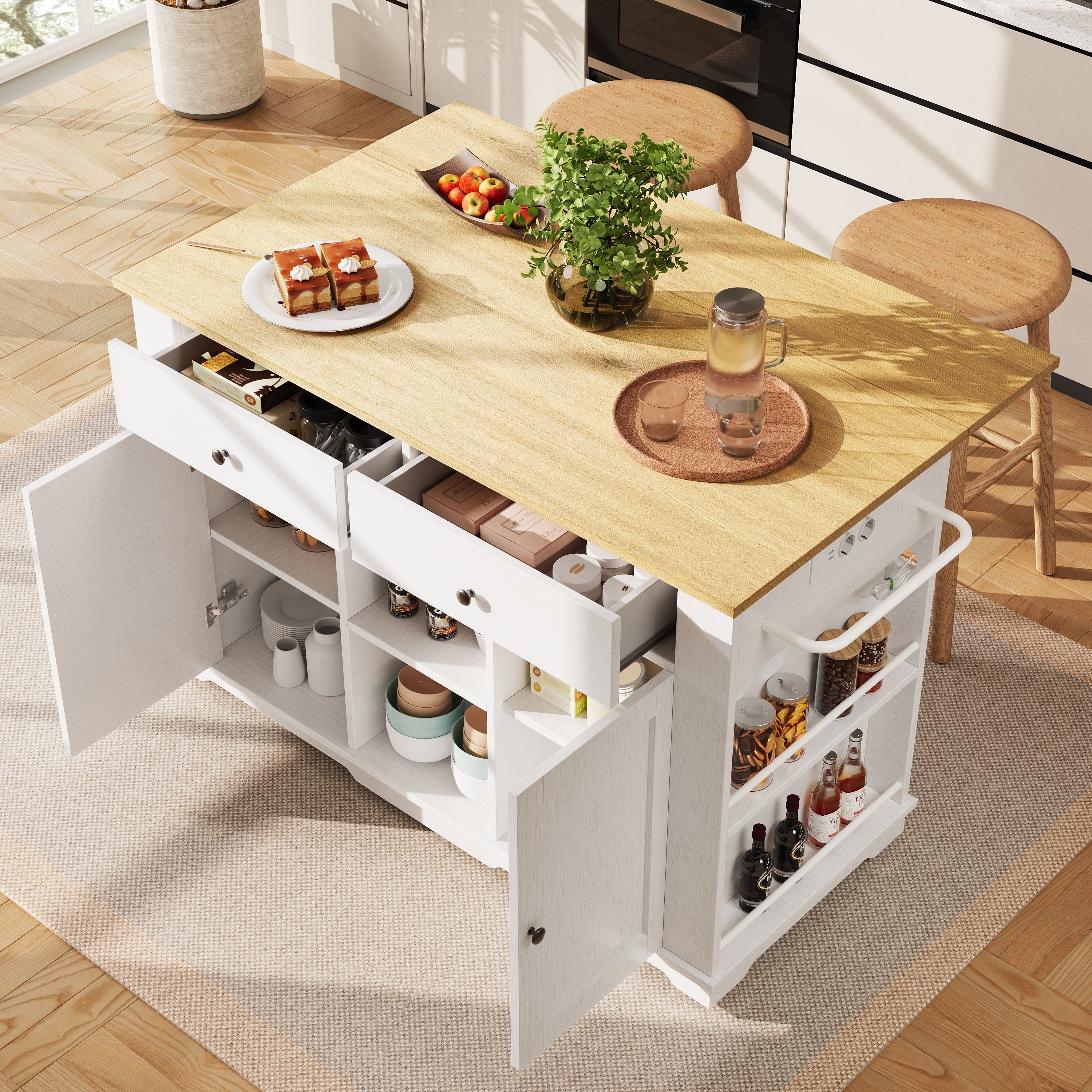 Kitchen Island Trolley Worktop Power Strip Wood Grain White - Image 2