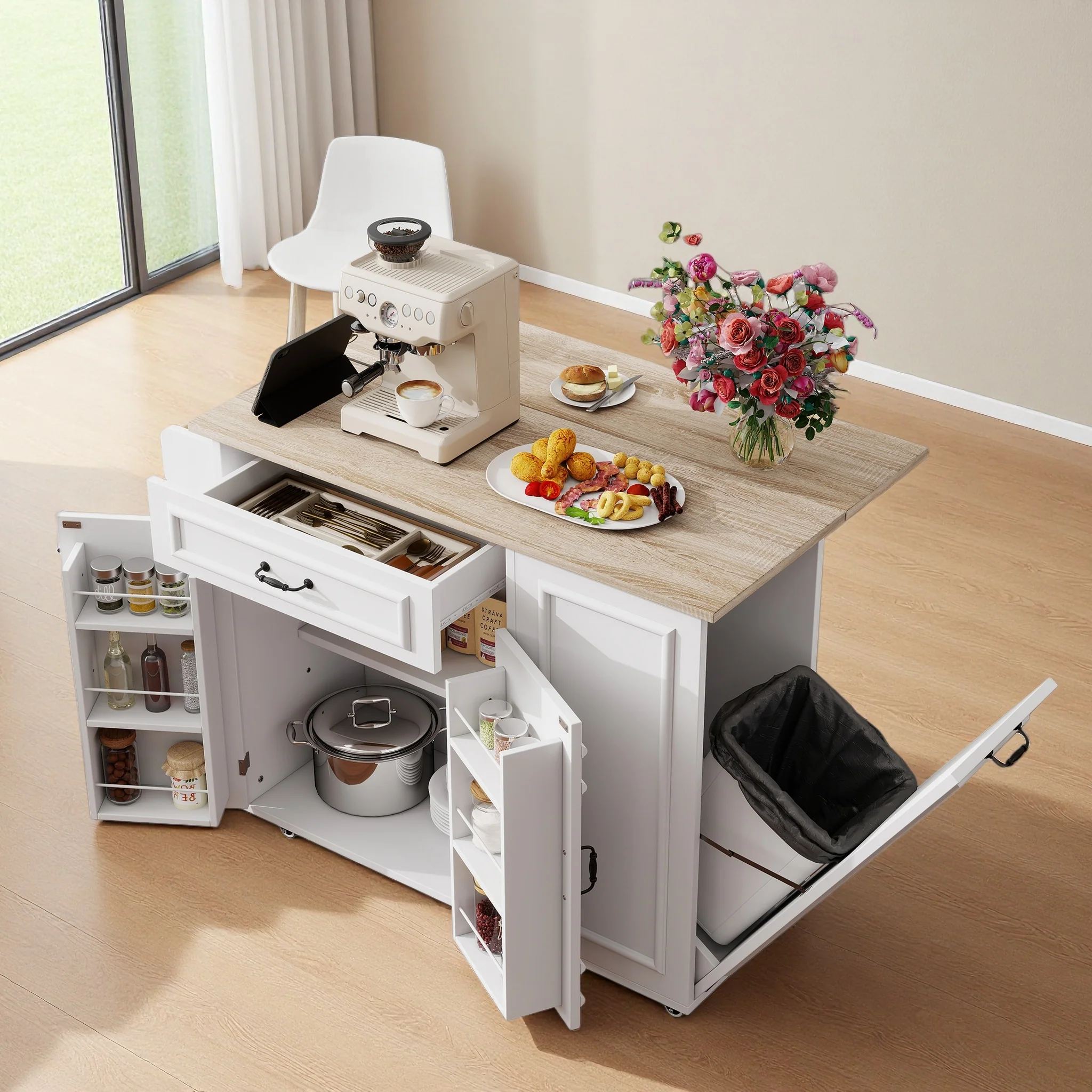 Kitchen Island with Power Outlet, Storage & Work Surface - White - Image 2