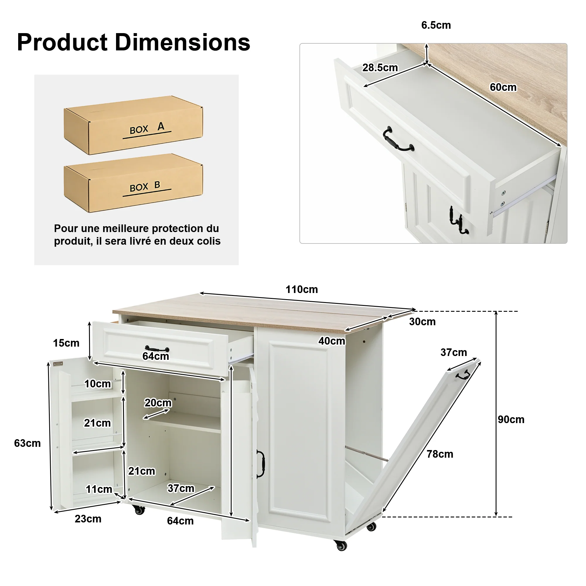 Kitchen Island with Power Outlet, Storage & Work Surface - White - Image 3