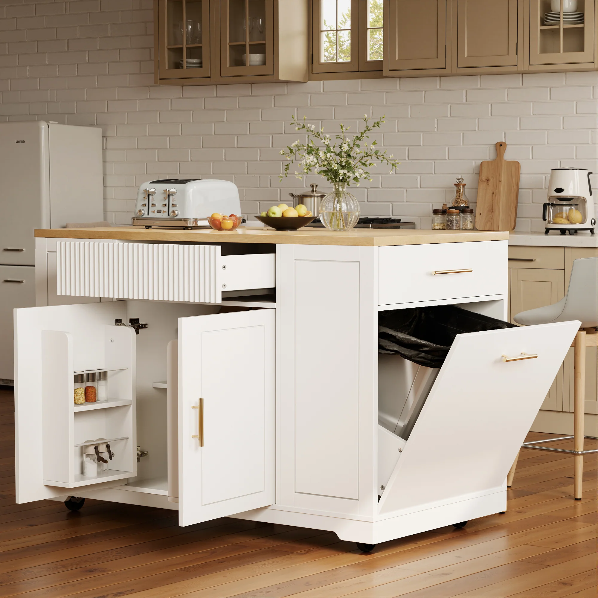 Kitchen Island with Wheels Waste Bin Storage 2 Doors 3 Drawers - Image 4