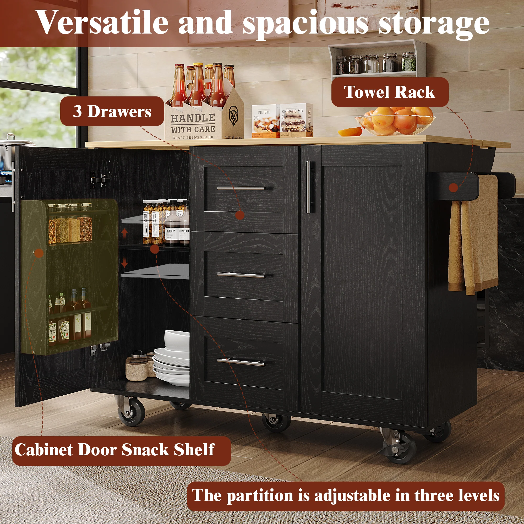 Kitchen Island Workbench Storage Removable Casters - Black - Image 10