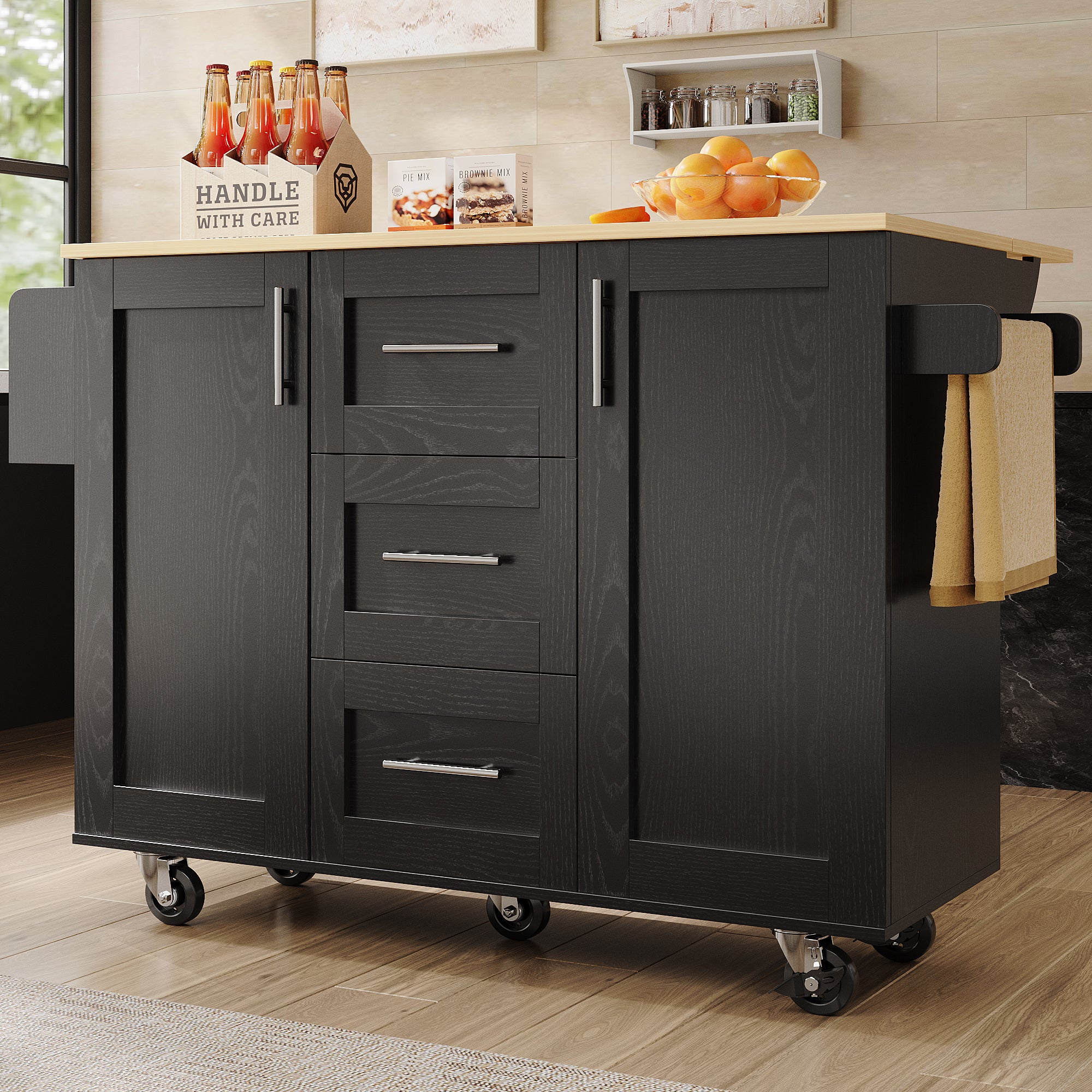 Kitchen Island Workbench Storage Removable Casters - Black - Image 2