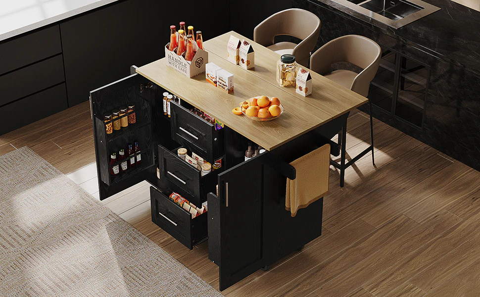 Kitchen Island Workbench Storage Removable Casters - Black - Image 3