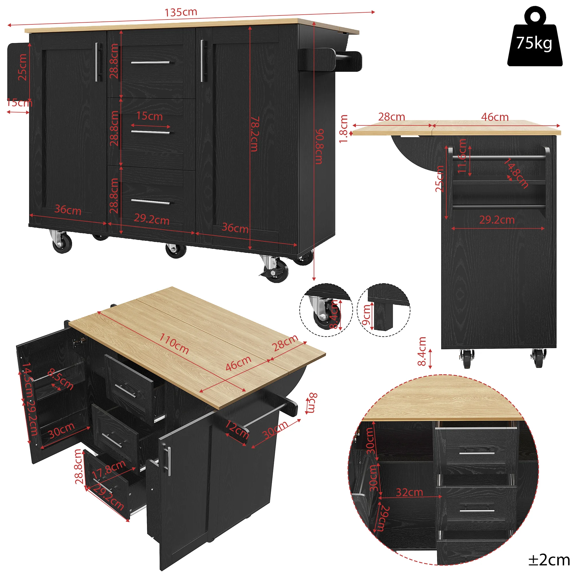 Kitchen Island Workbench Storage Removable Casters - Black - Image 6