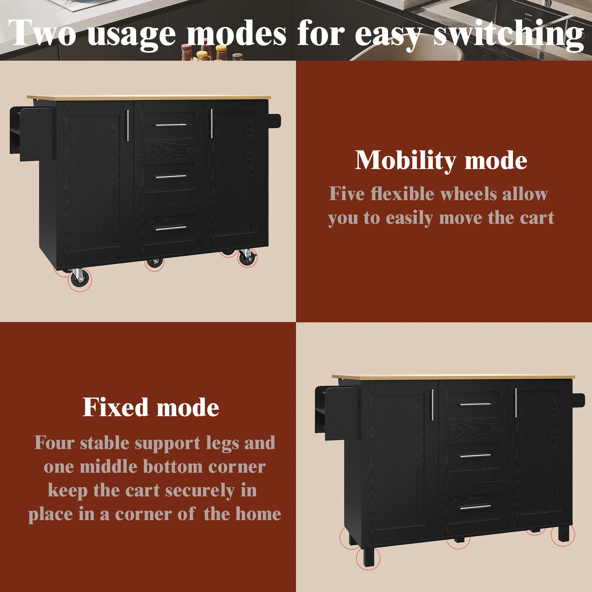 Kitchen Island Workbench Storage Removable Casters - Black - Image 7