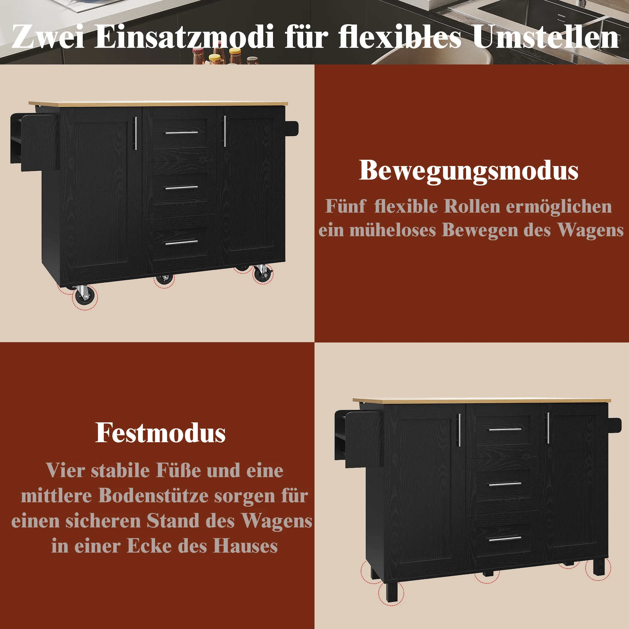 Kitchen Island Workbench Storage Removable Casters - Black - Image 8