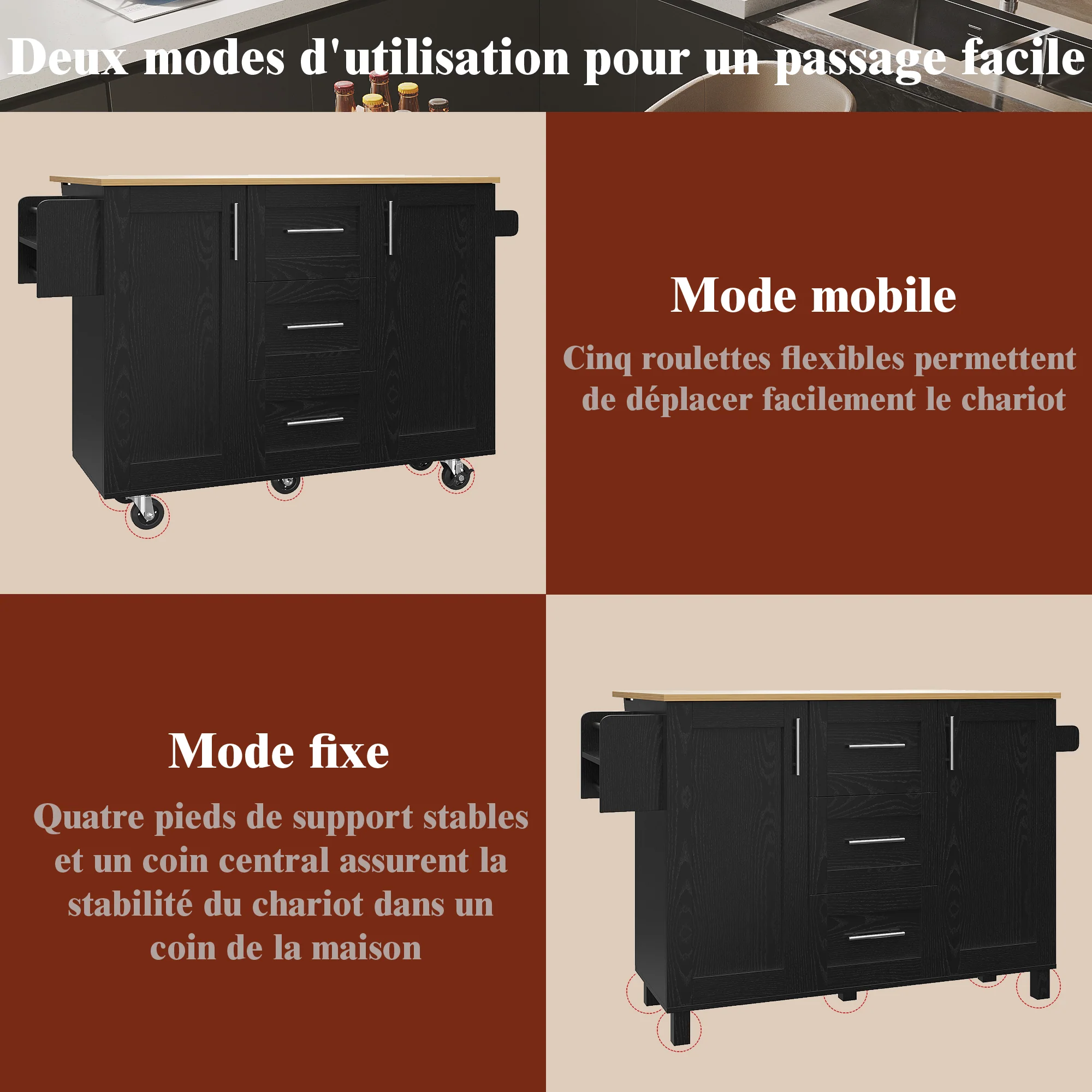 Kitchen Island Workbench Storage Removable Casters - Black - Image 9