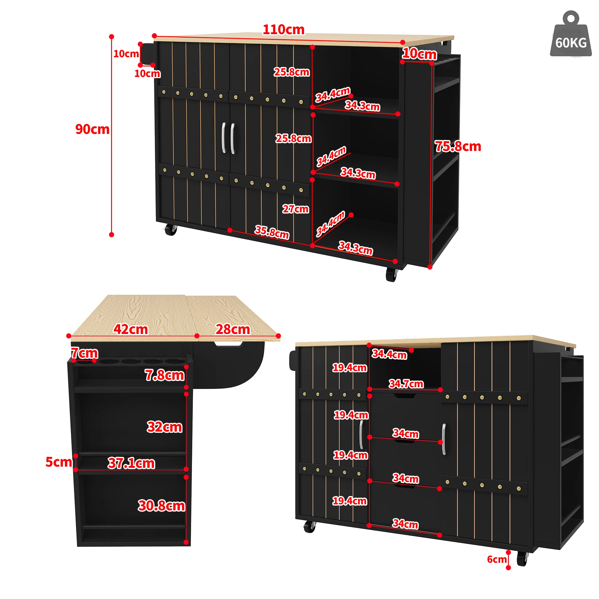 Kitchen Serving Cart Mobile Island with Worktop Sliding Doors Drawers Spice Rack Black - Image 10