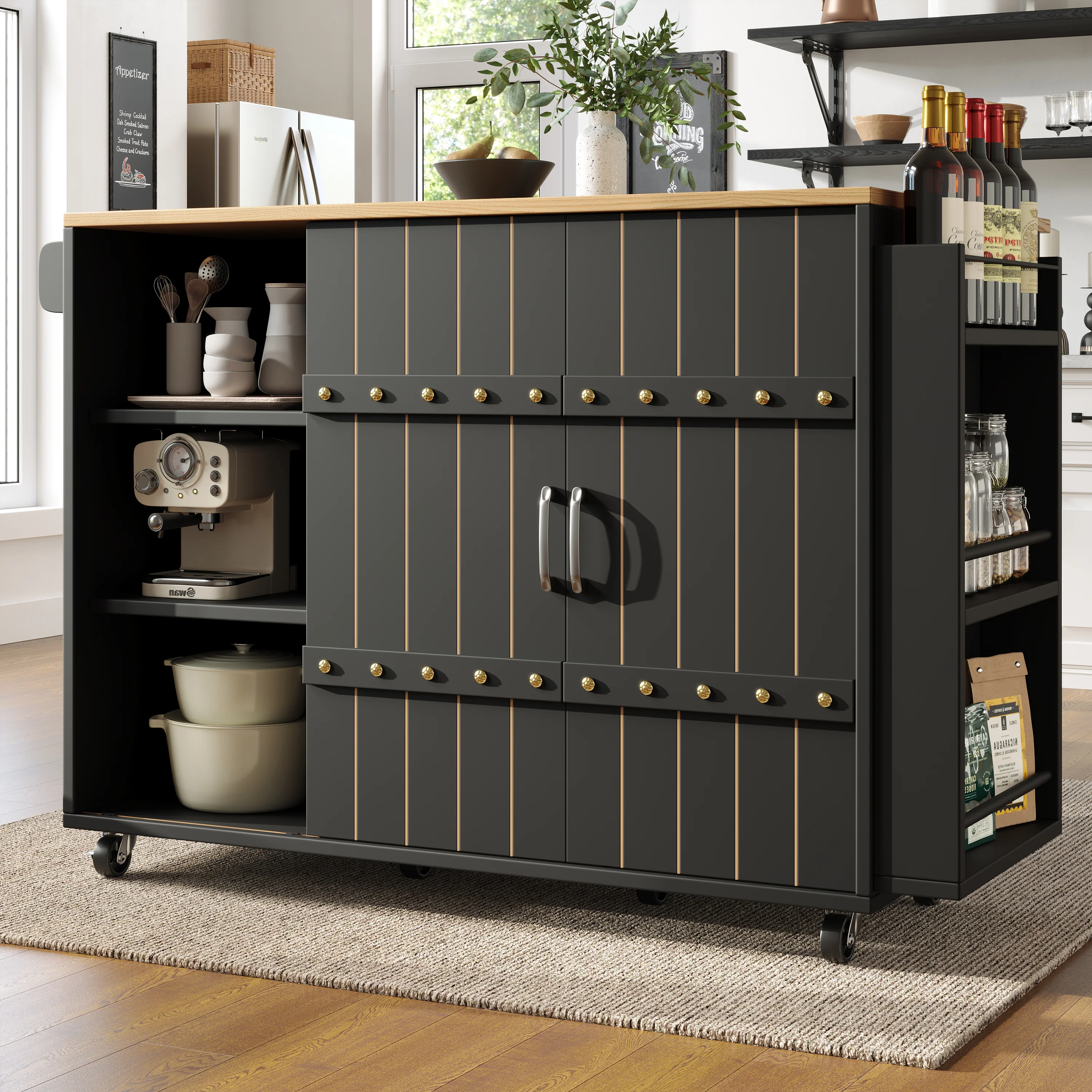 Kitchen Serving Cart Mobile Island with Worktop Sliding Doors Drawers Spice Rack Black - Image 2