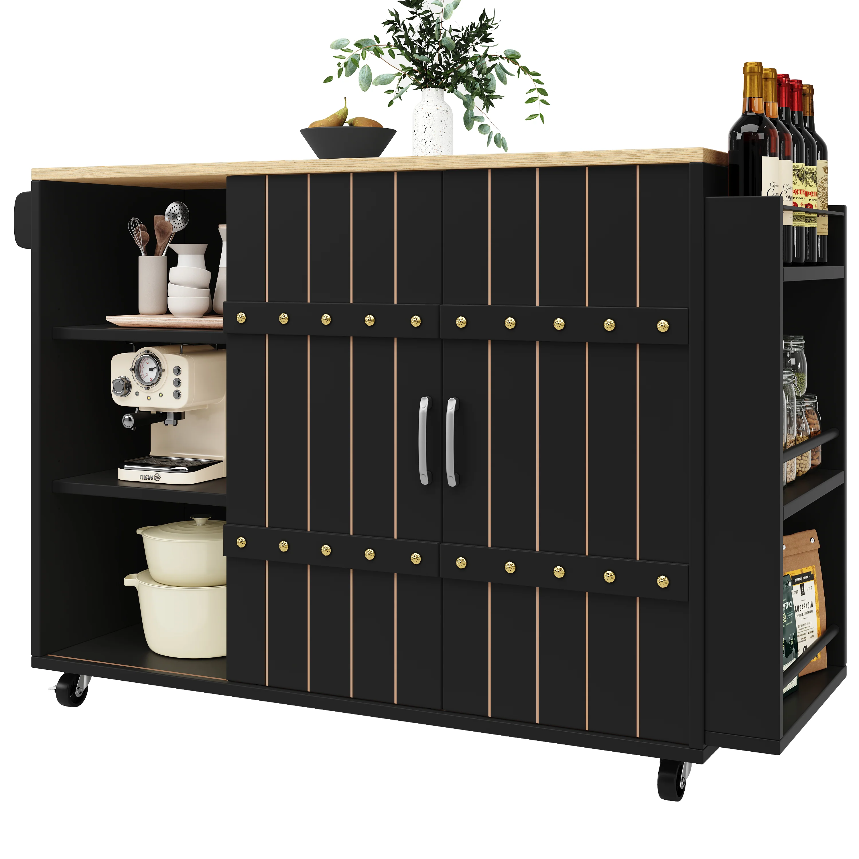 Kitchen Serving Cart Mobile Island with Worktop Sliding Doors Drawers Spice Rack Black - Image 6
