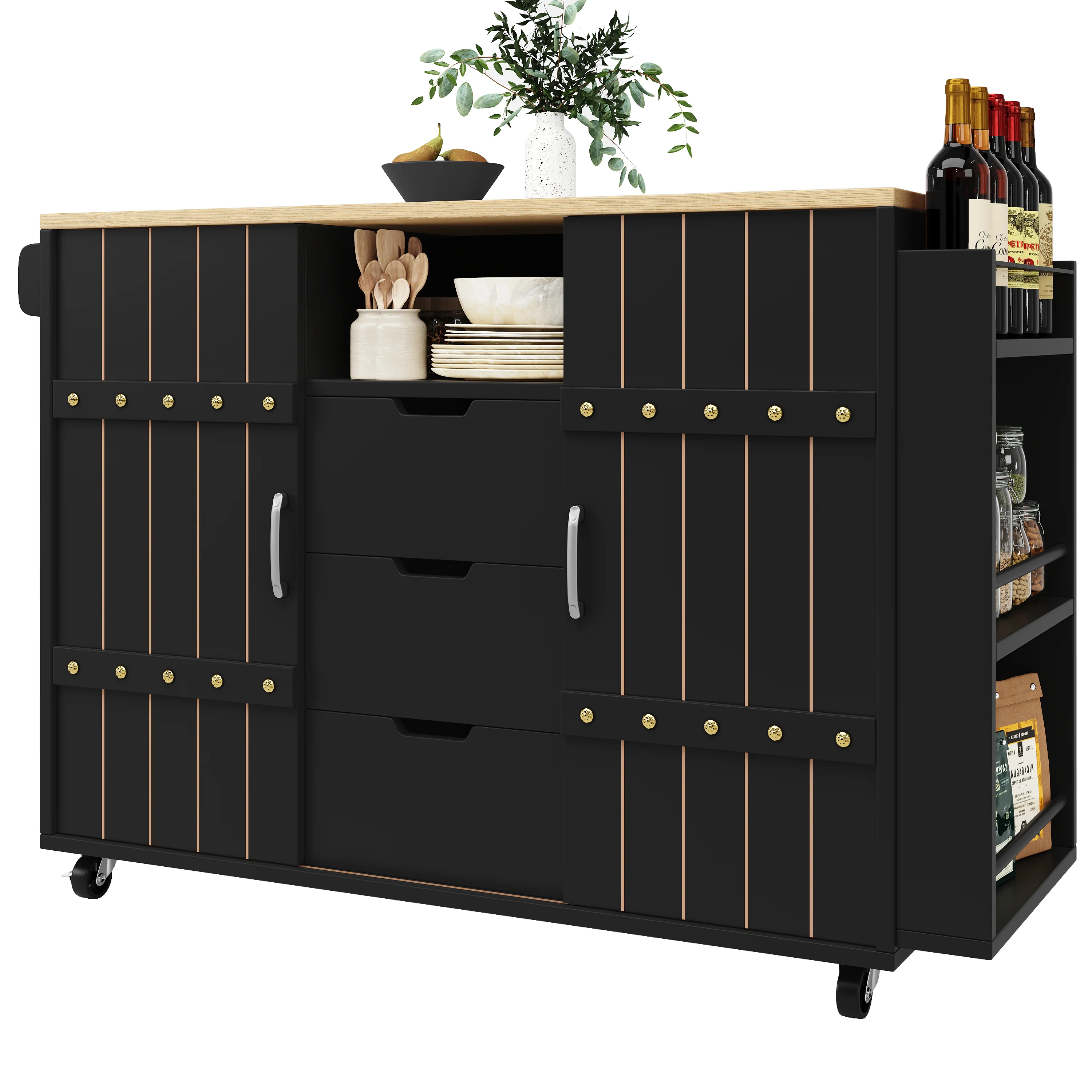 Kitchen Serving Cart Mobile Island with Worktop Sliding Doors Drawers Spice Rack Black - Image 8