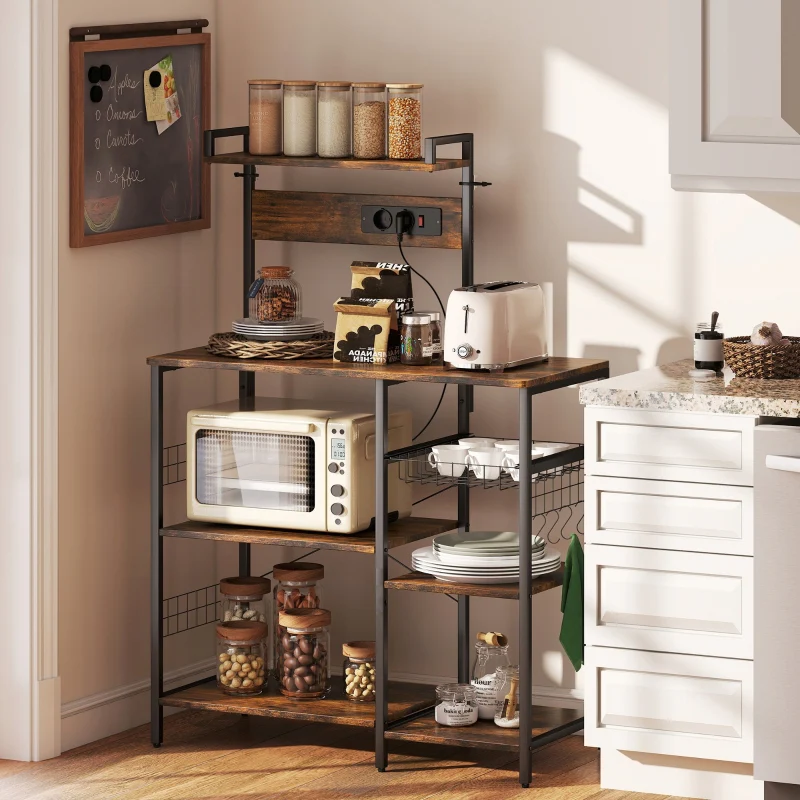Kitchen Shelf Freestanding 5-Tier 2 Sockets 5 Hooks Basket - Steel - Image 2