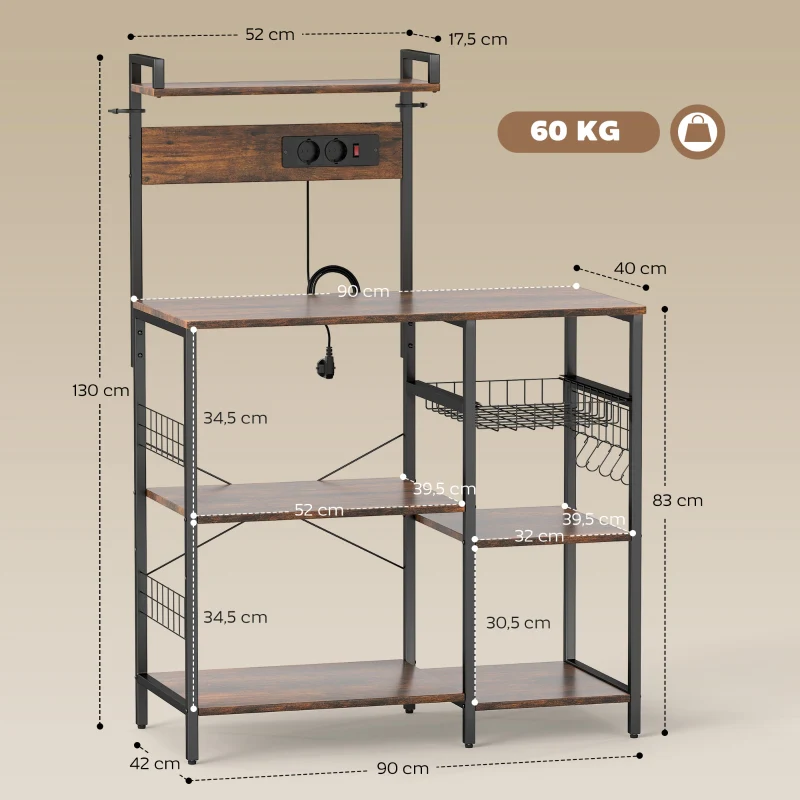 Kitchen Shelf Freestanding 5-Tier 2 Sockets 5 Hooks Basket - Steel - Image 3