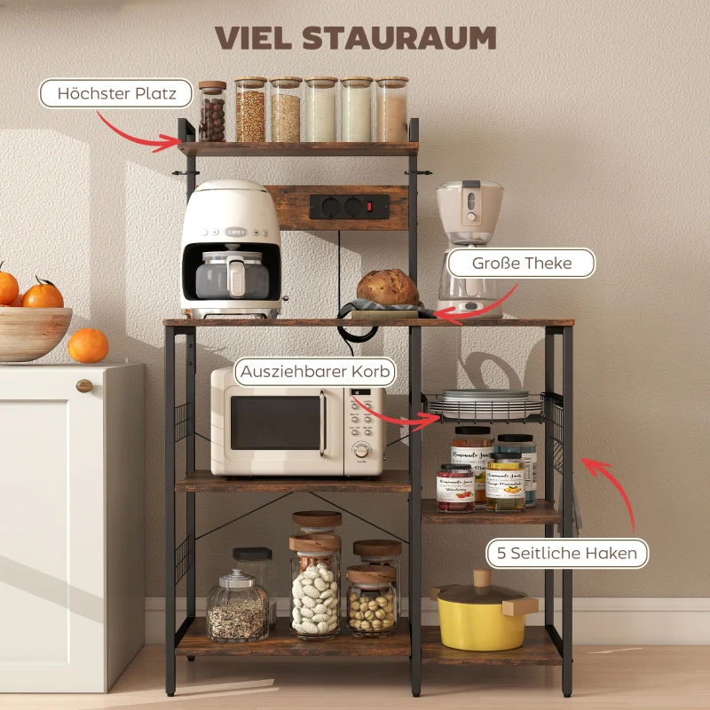 Kitchen Shelf Freestanding 5-Tier 2 Sockets 5 Hooks Basket - Steel - Image 5