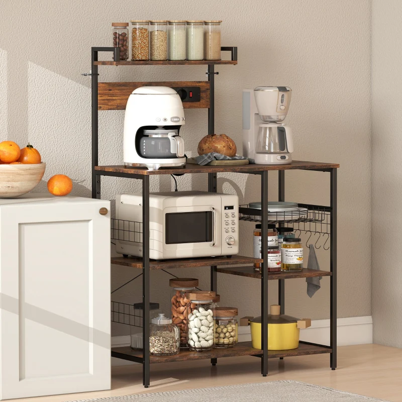 Kitchen Shelf Freestanding 5-Tier 2 Sockets 5 Hooks Basket - Steel - Image 7