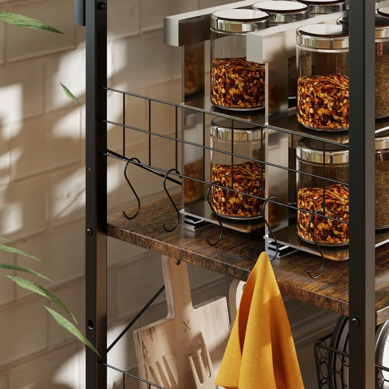 Kitchen Shelf Freestanding 5-Tier 2 Sockets 5 Hooks Basket - Steel - Image 8