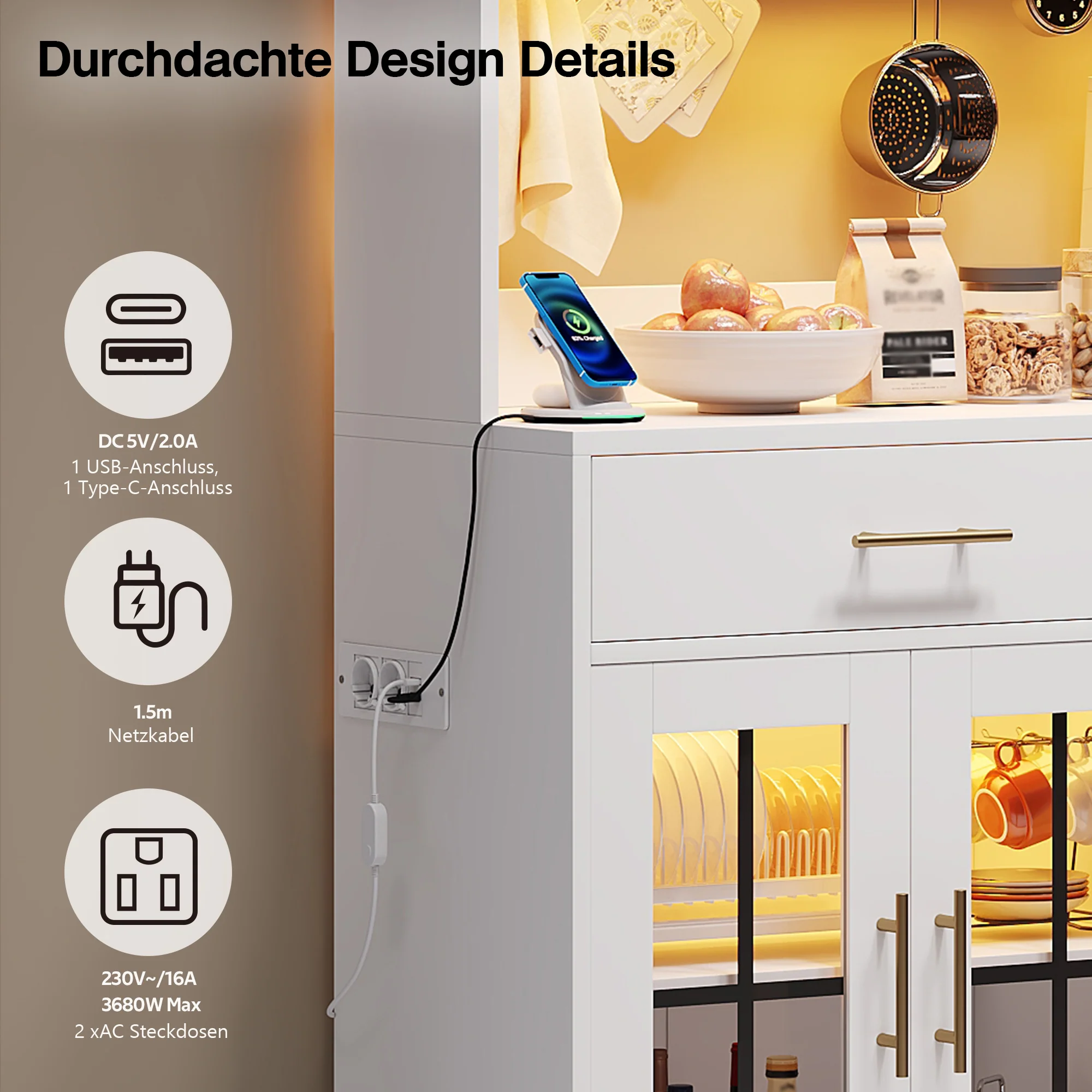 Kitchen Sideboard 180x100cm LED Socket 6 Doors 2 Drawers Adjustable Shelves - White - Image 5