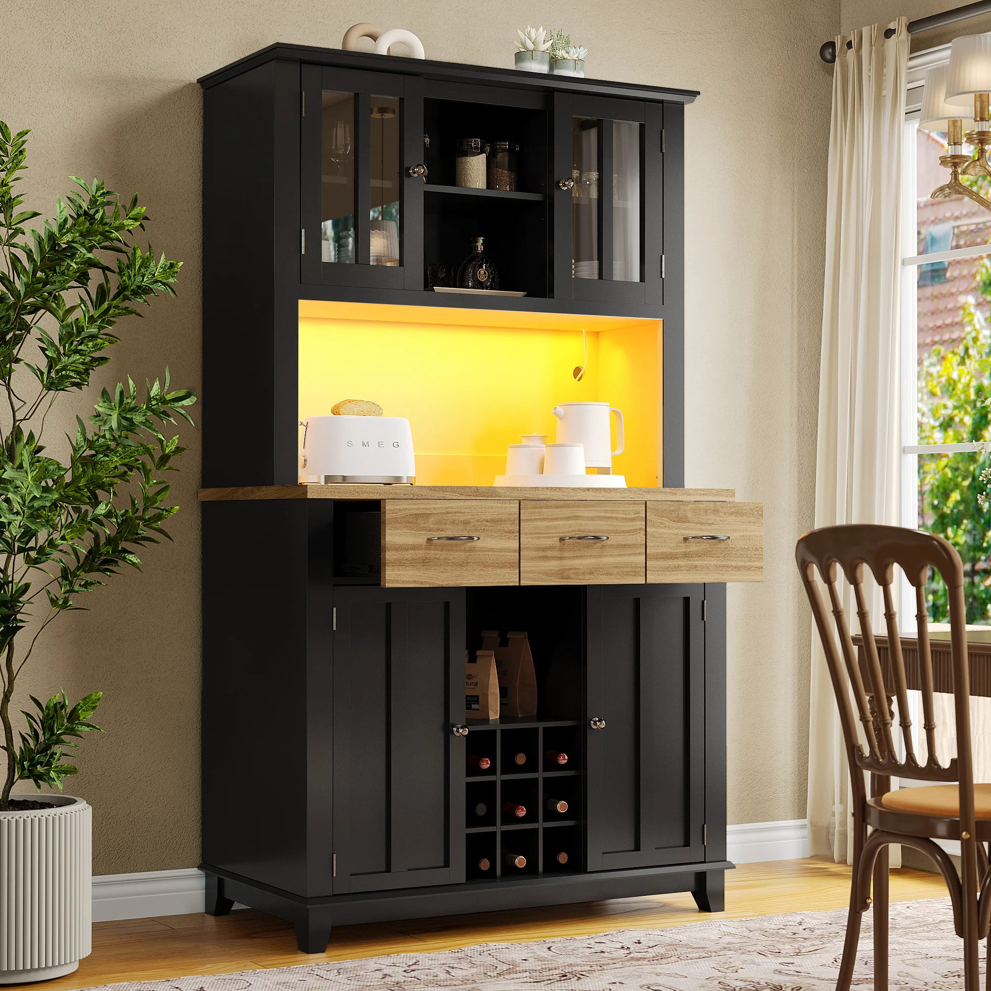 Kitchen Tall Cabinet 106cm Adjustable Shelves LED - Wood Drawers - Image 2
