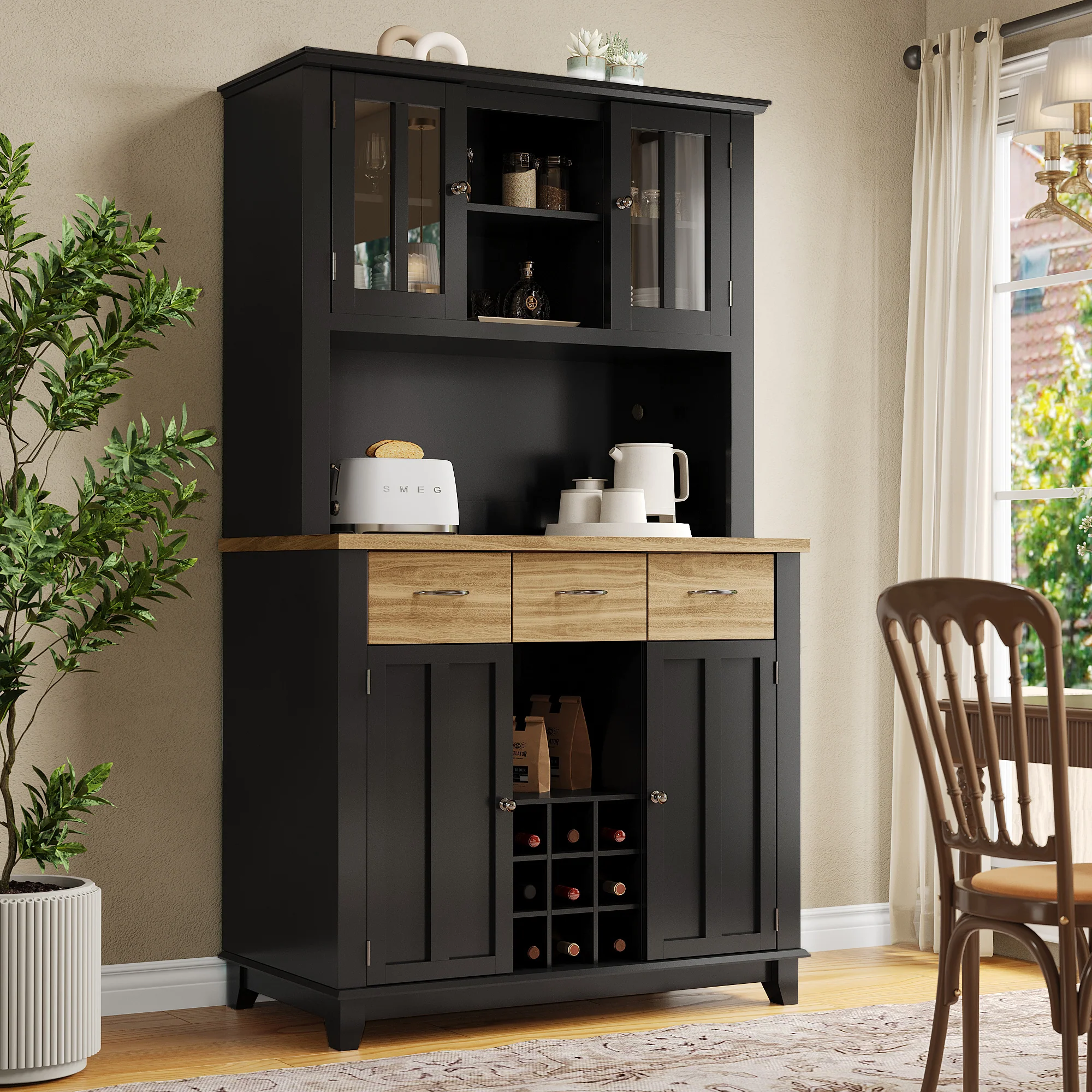 Kitchen Tall Cabinet 106cm Adjustable Shelves LED - Wood Drawers - Image 3