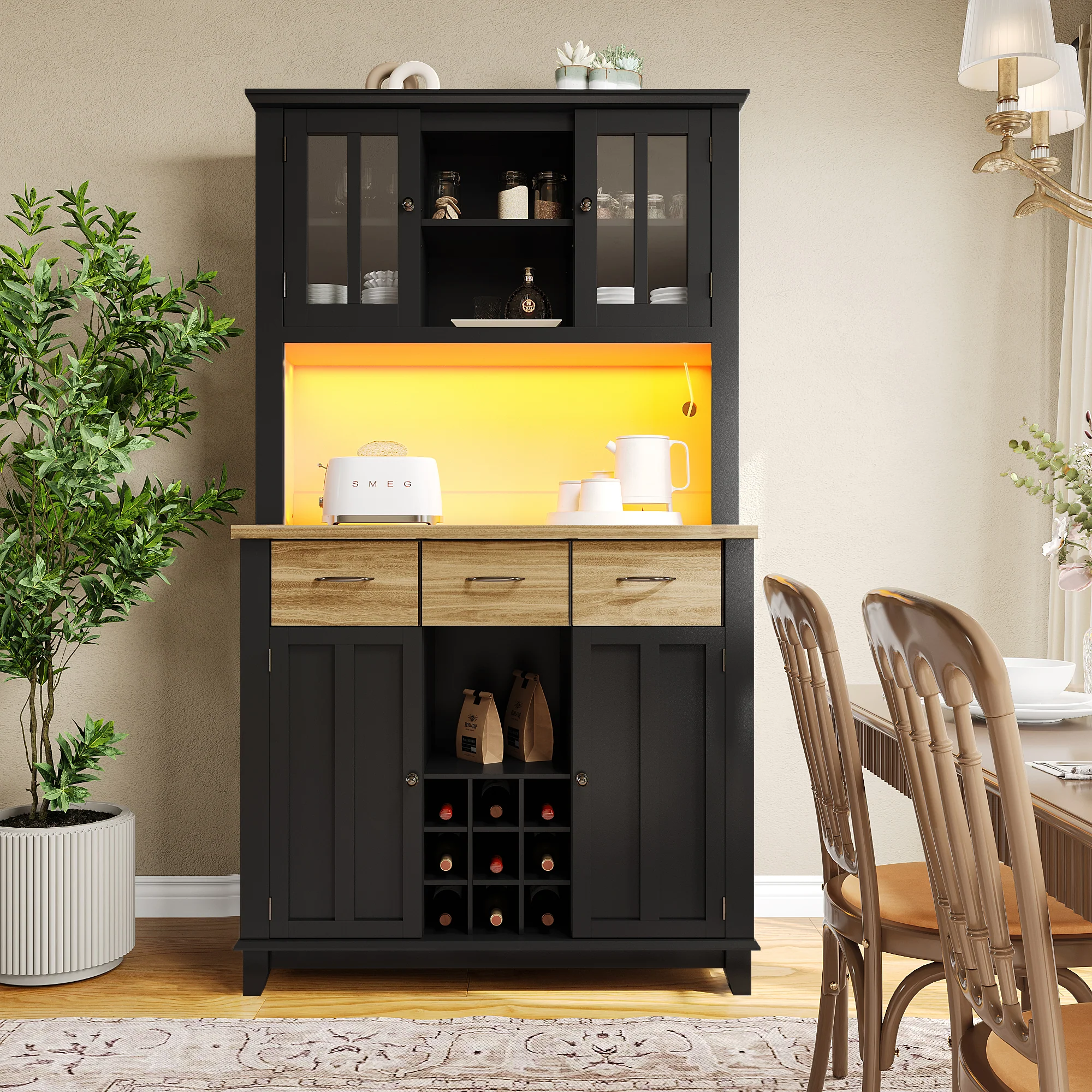 Kitchen Tall Cabinet 106cm Adjustable Shelves LED - Wood Drawers - Image 4