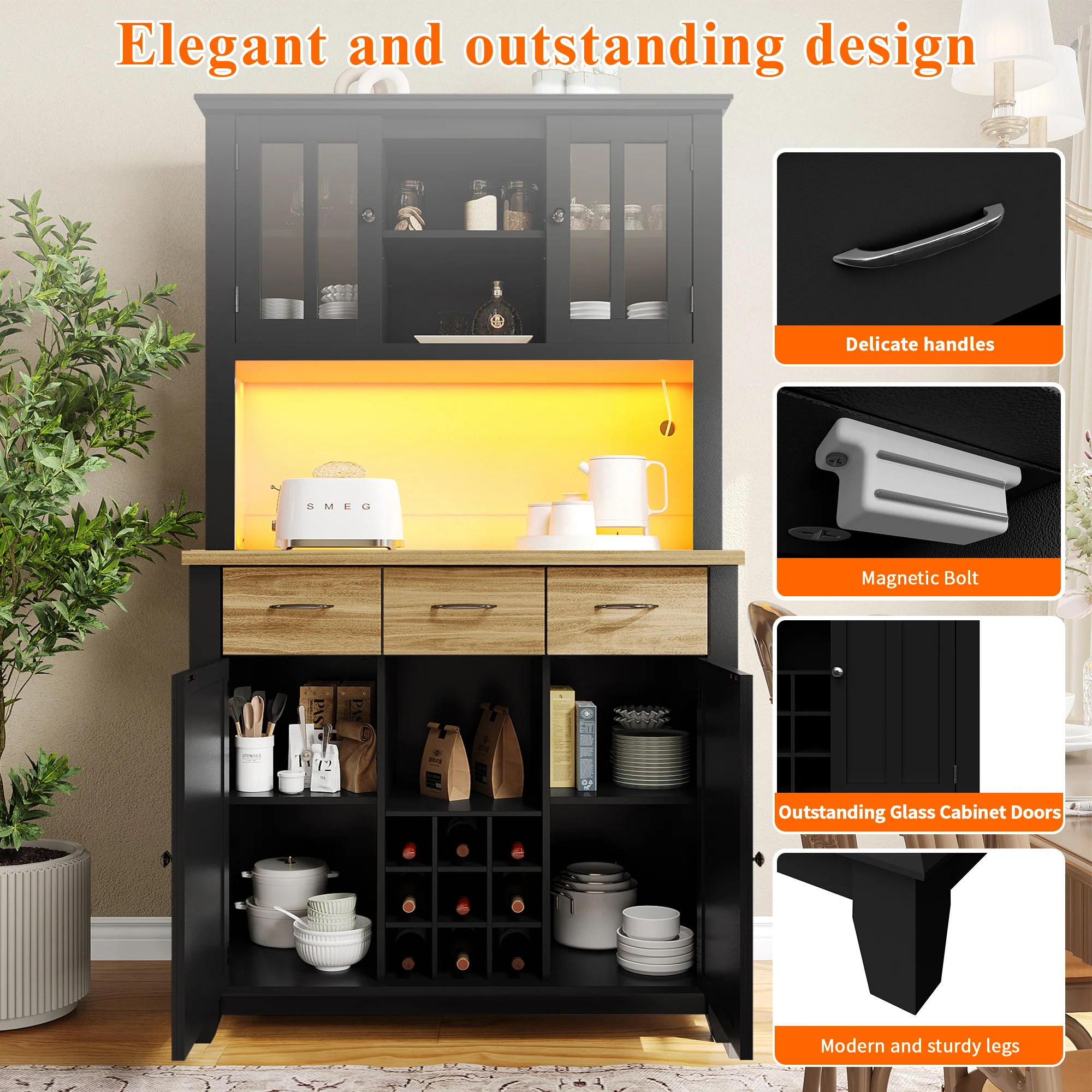 Kitchen Tall Cabinet 106cm Adjustable Shelves LED - Wood Drawers - Image 6