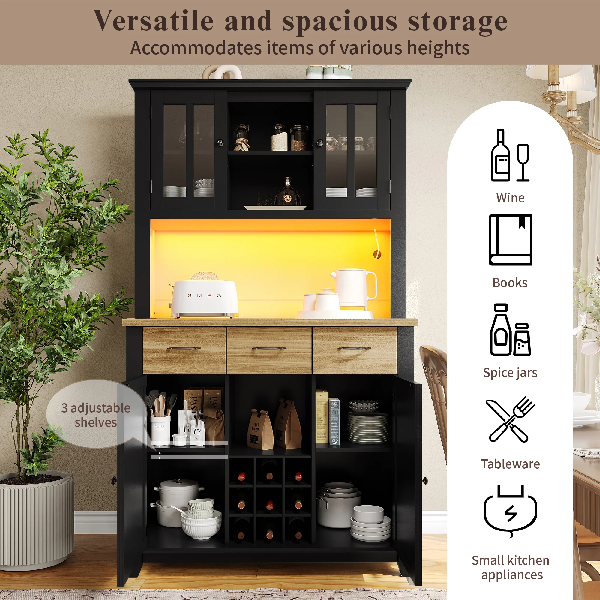 Kitchen Tall Cabinet 106cm Adjustable Shelves LED - Wood Drawers - Image 7