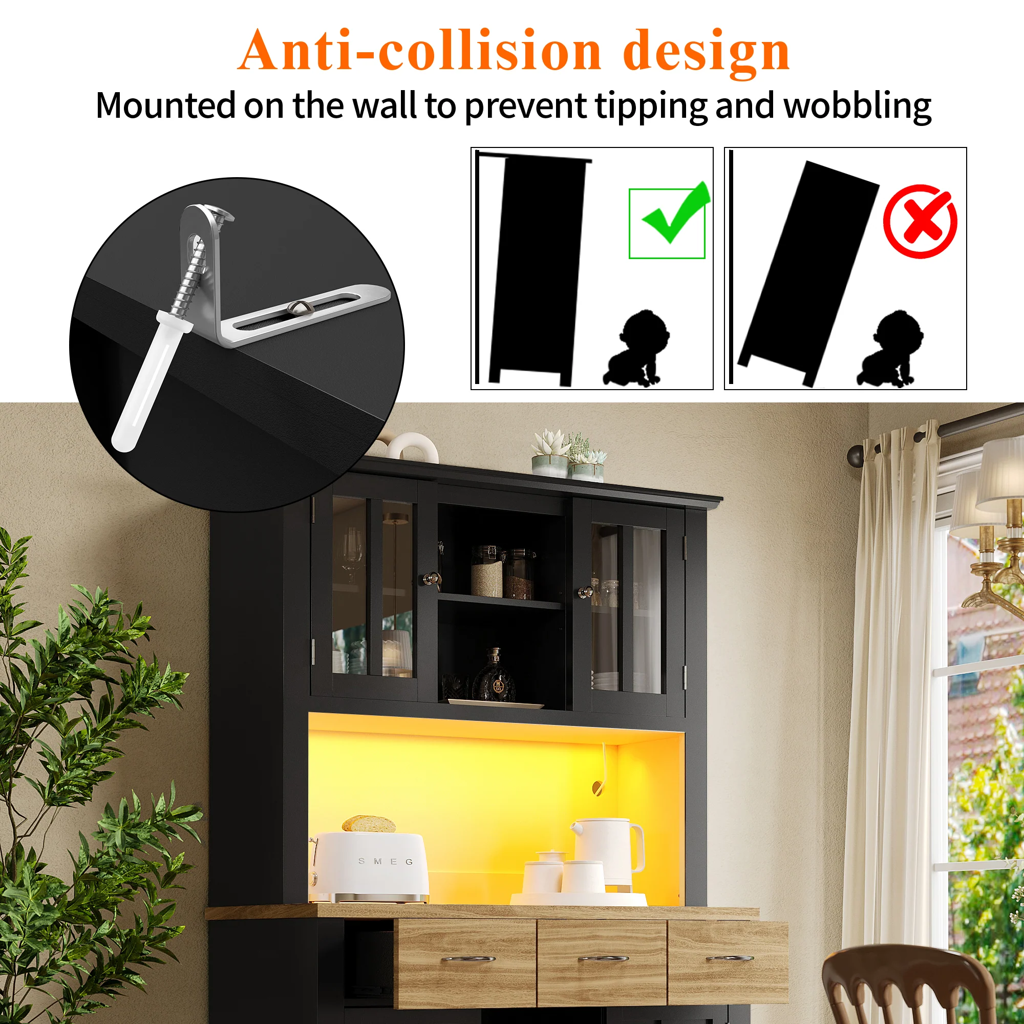 Kitchen Tall Cabinet 106cm Adjustable Shelves LED - Wood Drawers - Image 8
