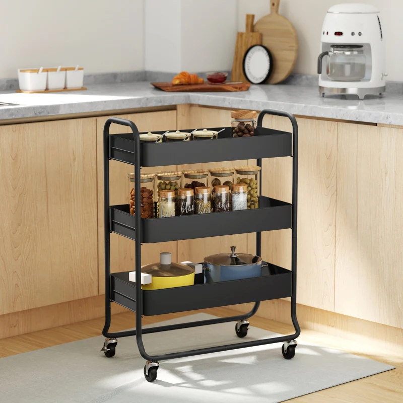Kitchen Trolley 3 Baskets 4 Wheels - Metal Black - Image 2