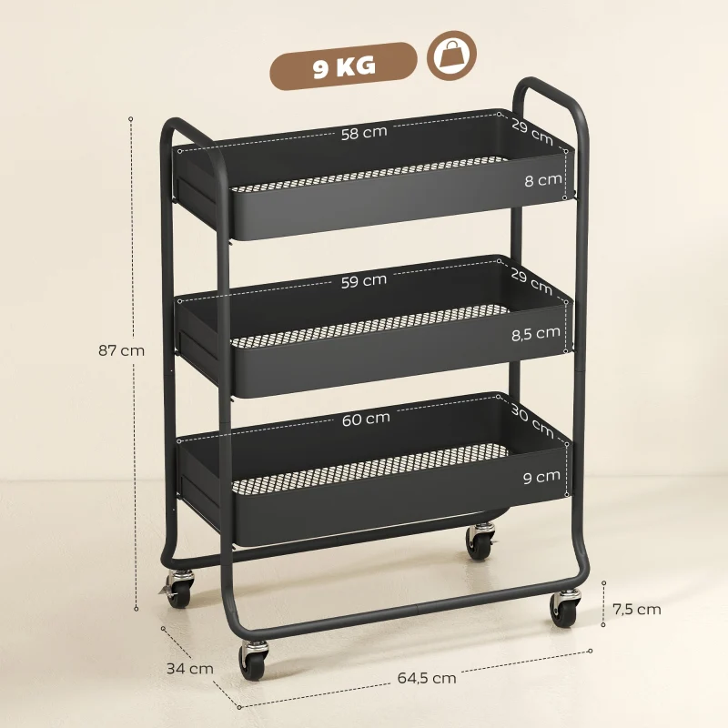 Kitchen Trolley 3 Baskets 4 Wheels - Metal Black - Image 3