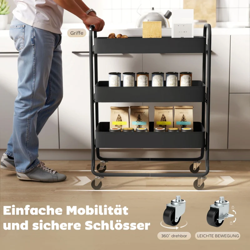 Kitchen Trolley 3 Baskets 4 Wheels - Metal Black - Image 5