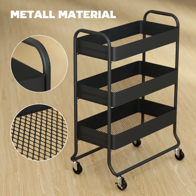 Kitchen Trolley 3 Baskets 4 Wheels - Metal Black - Image 6