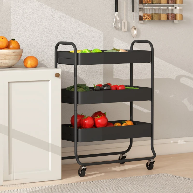 Kitchen Trolley 3 Baskets 4 Wheels - Metal Black - Image 7