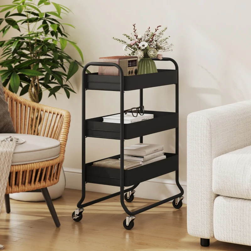 Kitchen Trolley 3 Baskets 4 Wheels - Metal Black - Image 8