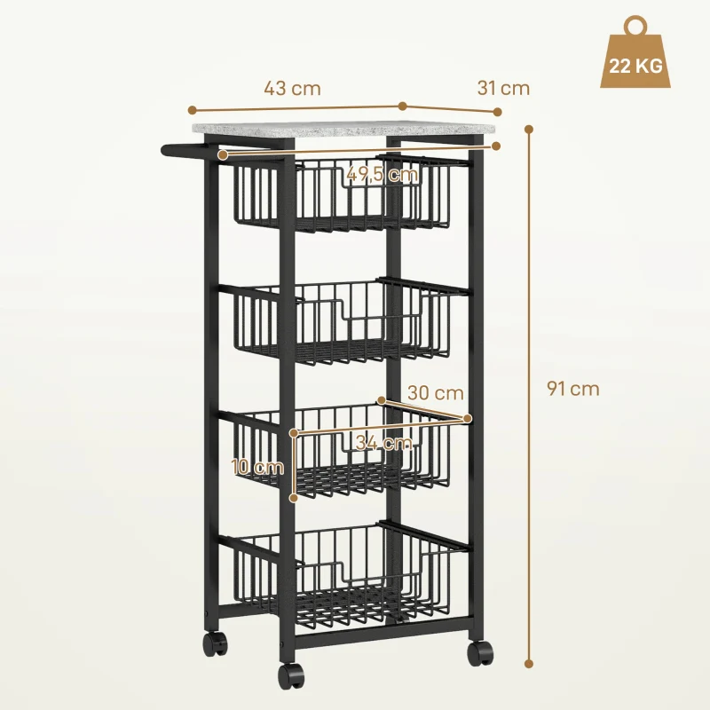 Kitchen Trolley 4-Tier Rolling with 4 Steel Baskets - Image 3