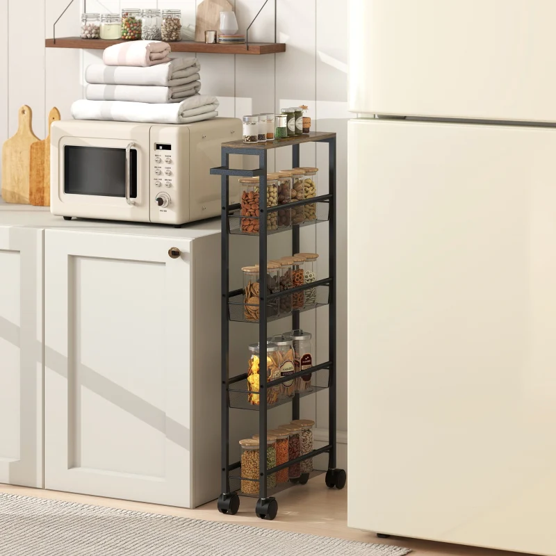 Kitchen Trolley 5-Tier with Worktop, Wheels & Handle - Black - Image 2
